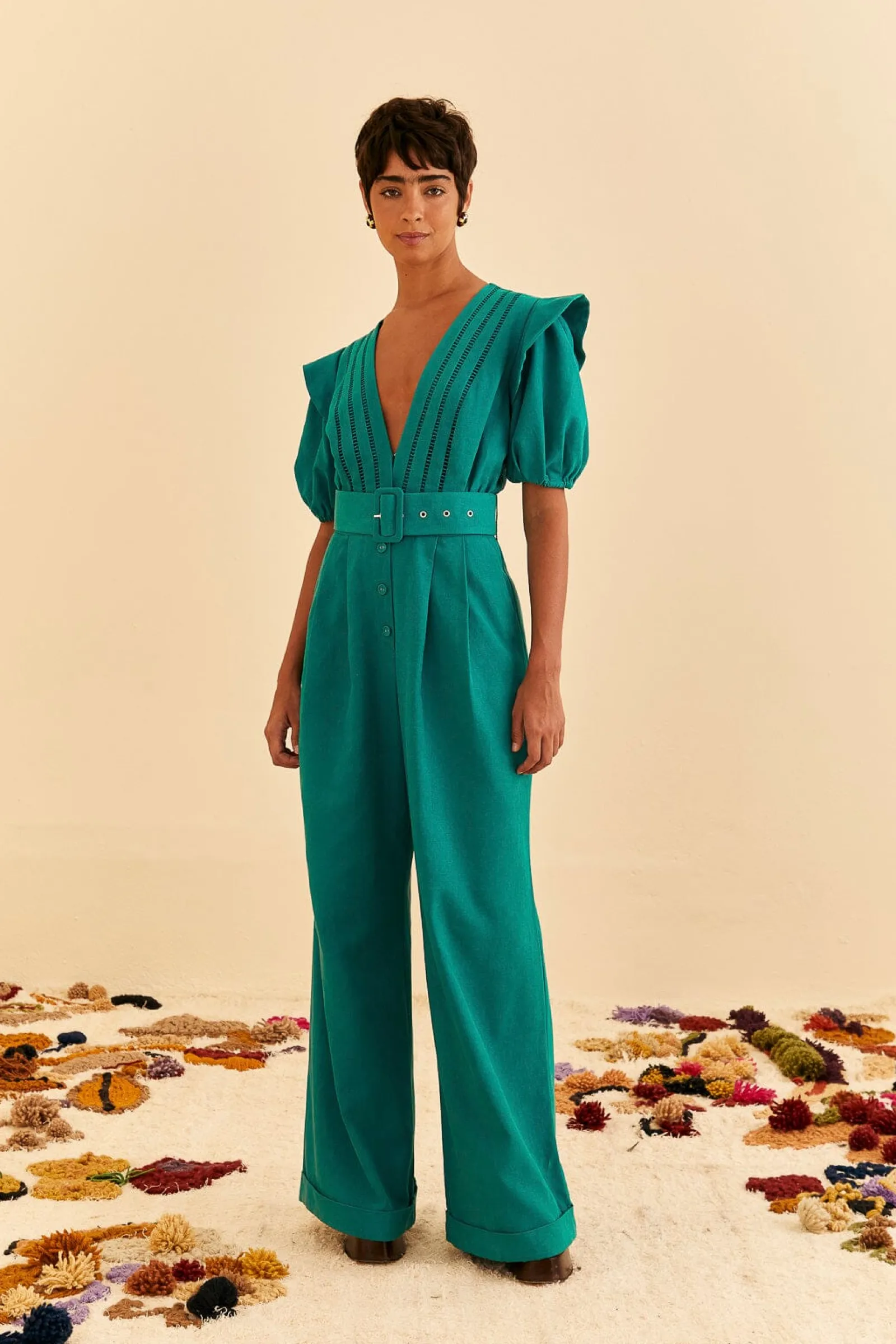  EMERALD PLEATED SHORT SLEEVE JUMPSUIT