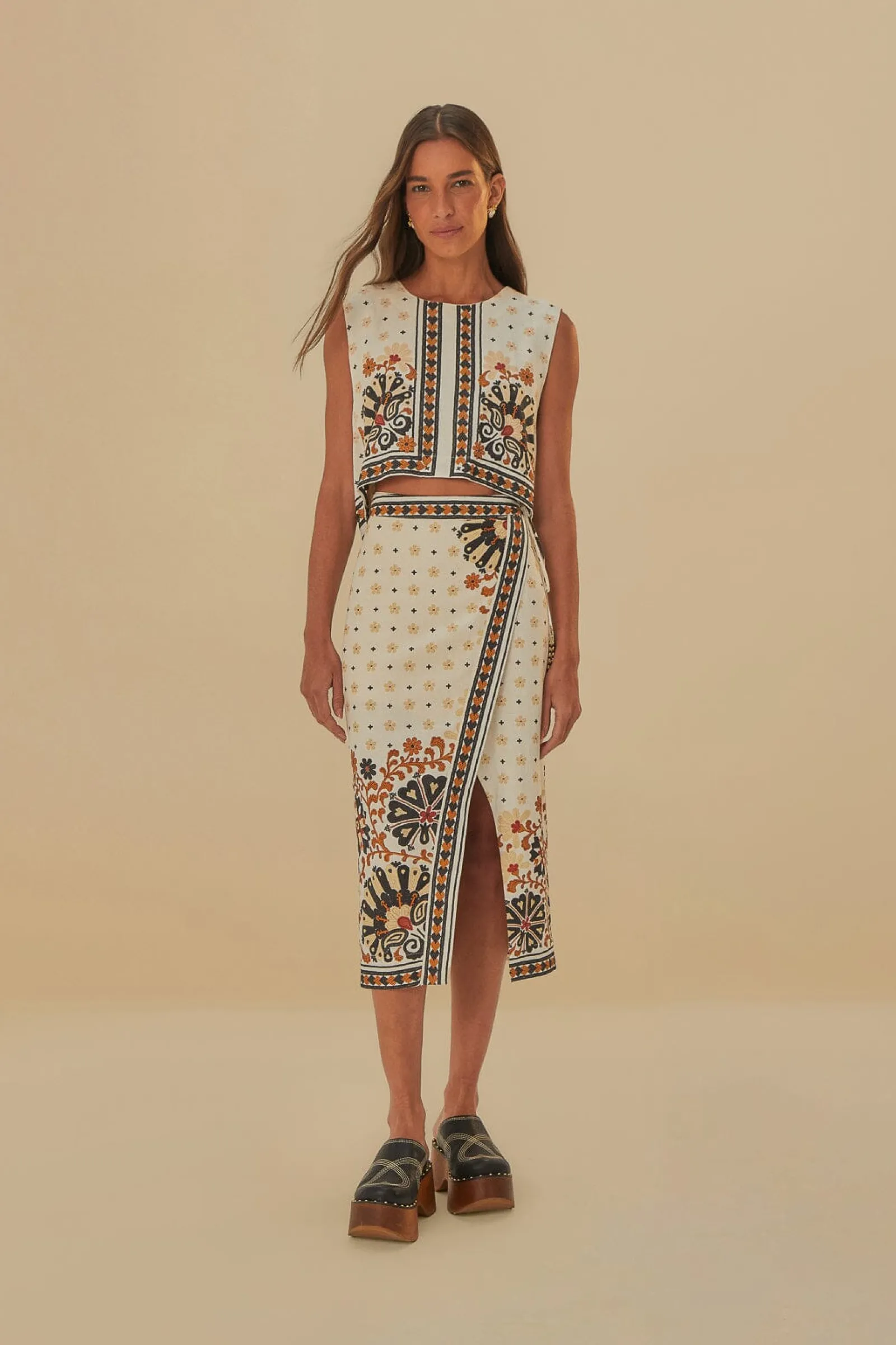  FLOWER FAN TAPESTRY OFF-WHITE WRAP MIDI SKIRT