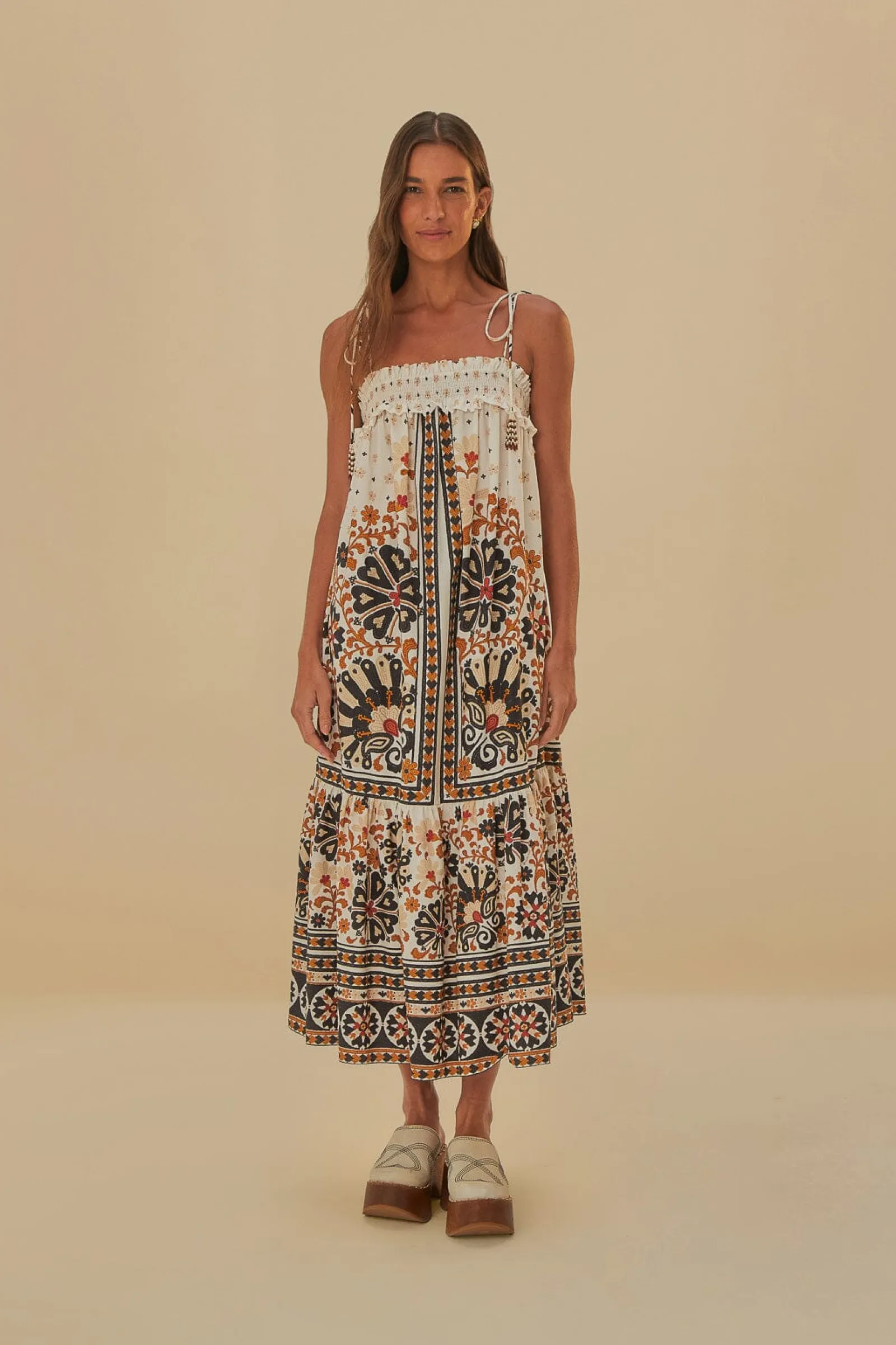  FLOWER FAN TAPESTRY OFF-WHITE MIDI DRESS