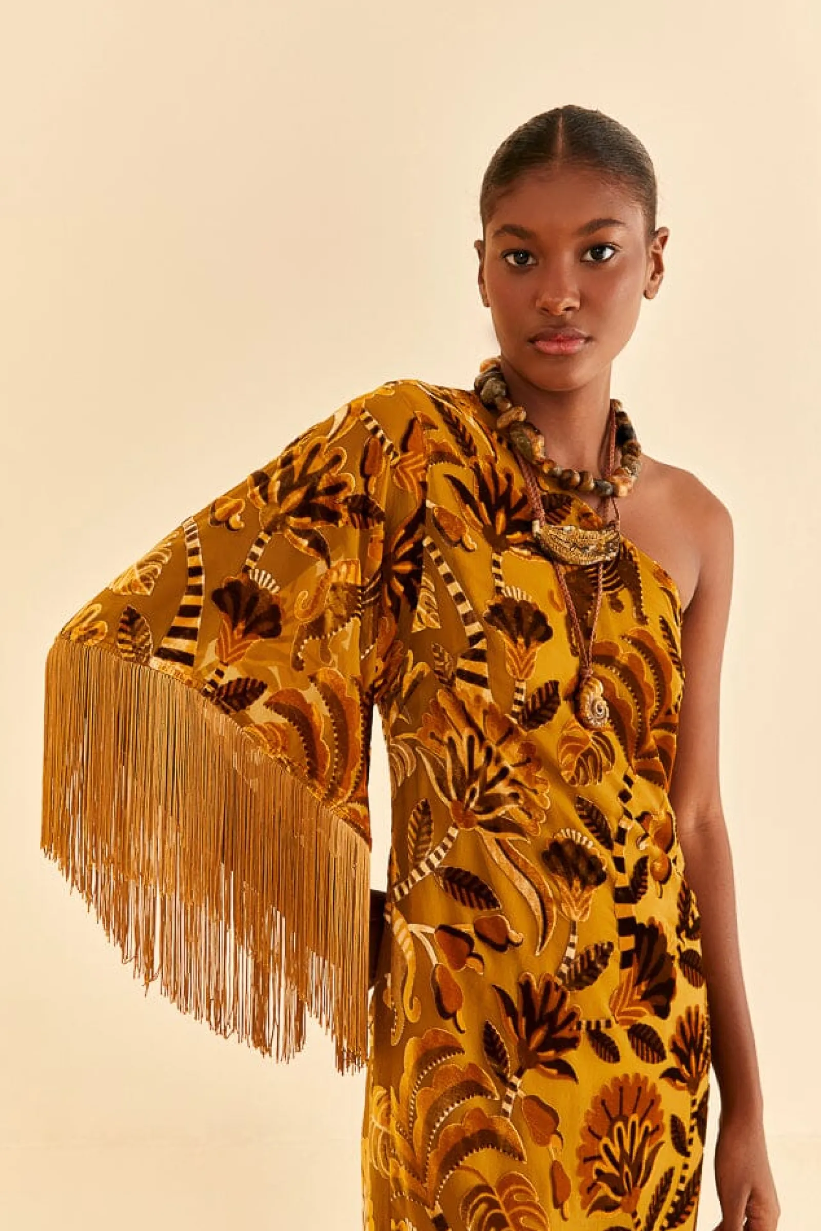 GOLDEN YELLOW VELVET ONE SHOULDER FRINGE DRESS