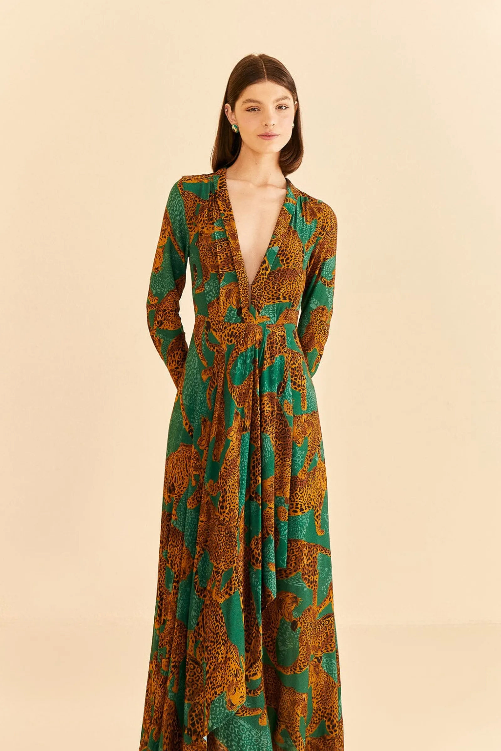 GREEN ARTSY LEOPARDS LONG SLEEVE MAXI DRESS