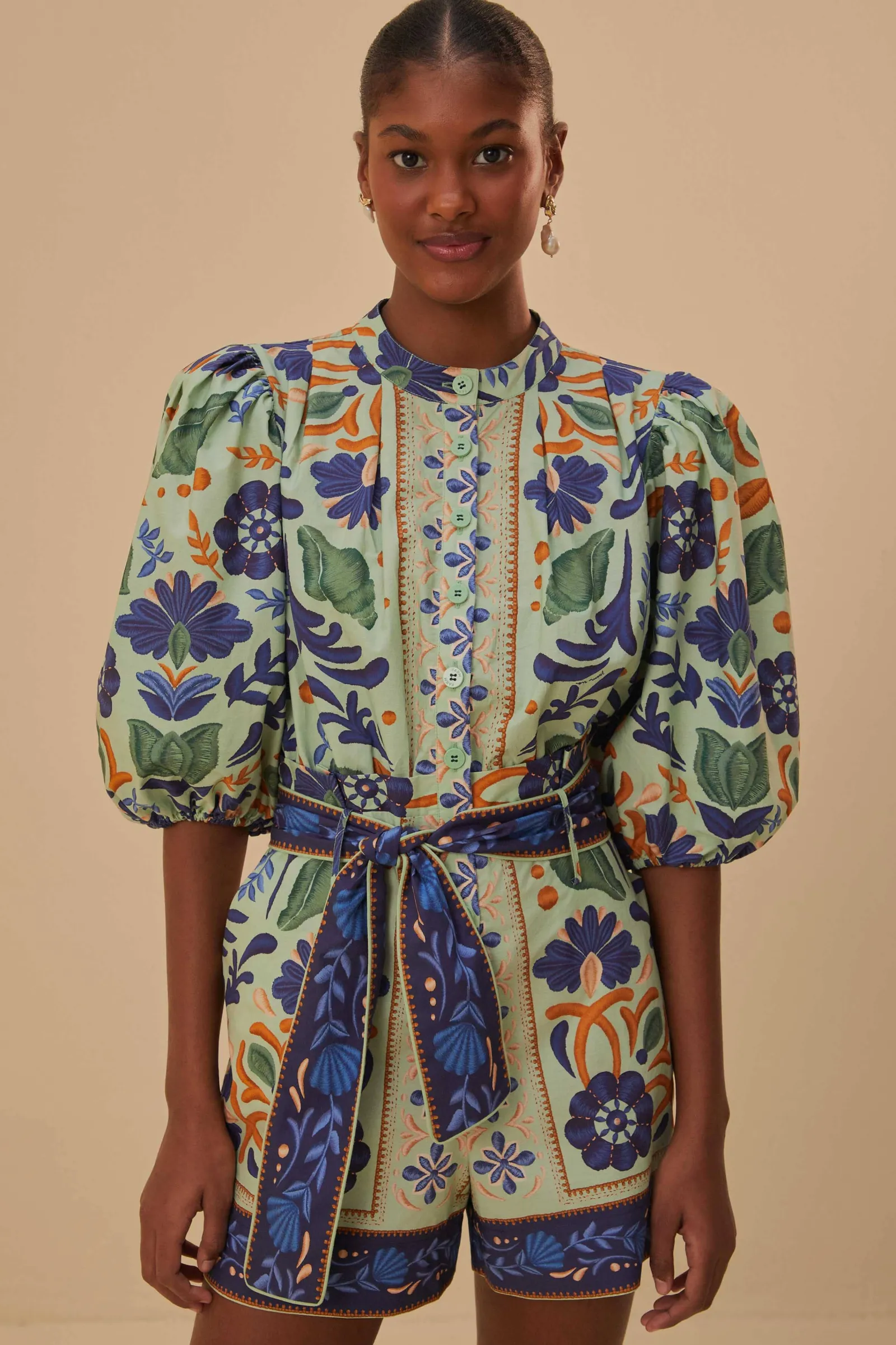  GREEN OCEAN TAPESTRY BELTED ROMPER