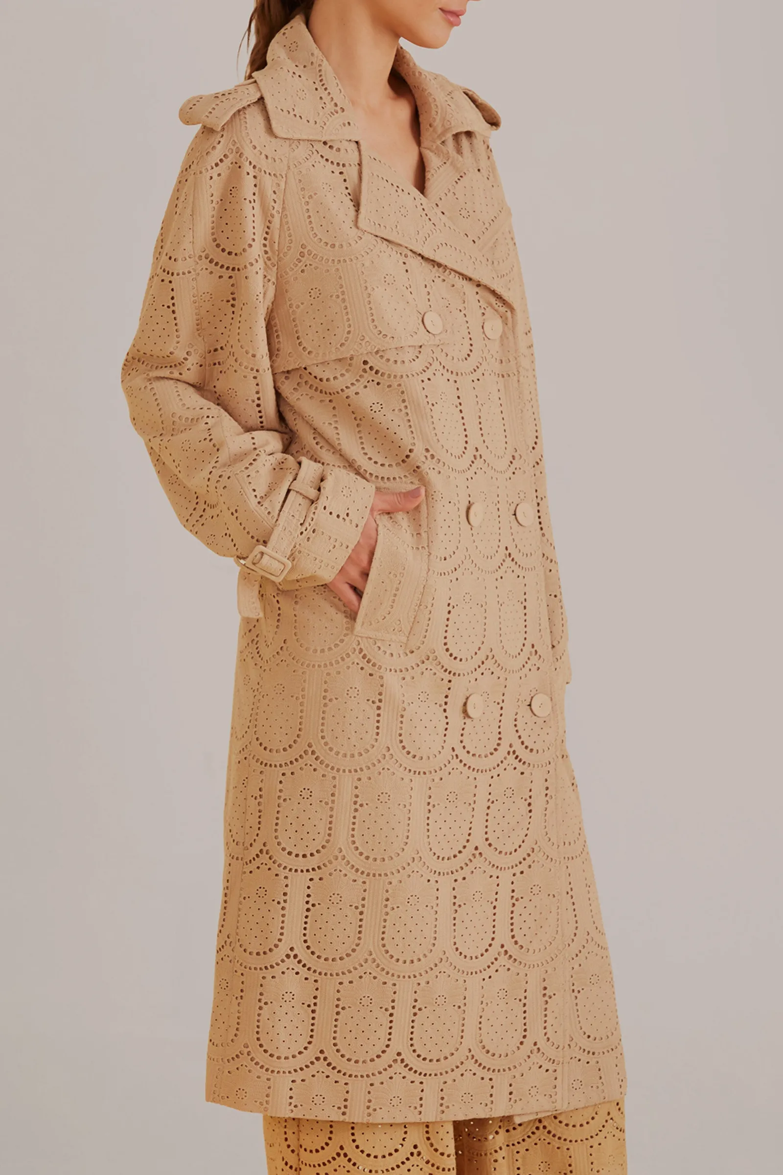 KHAKI PINEAPPLE COTTON EYELET TRENCH COAT