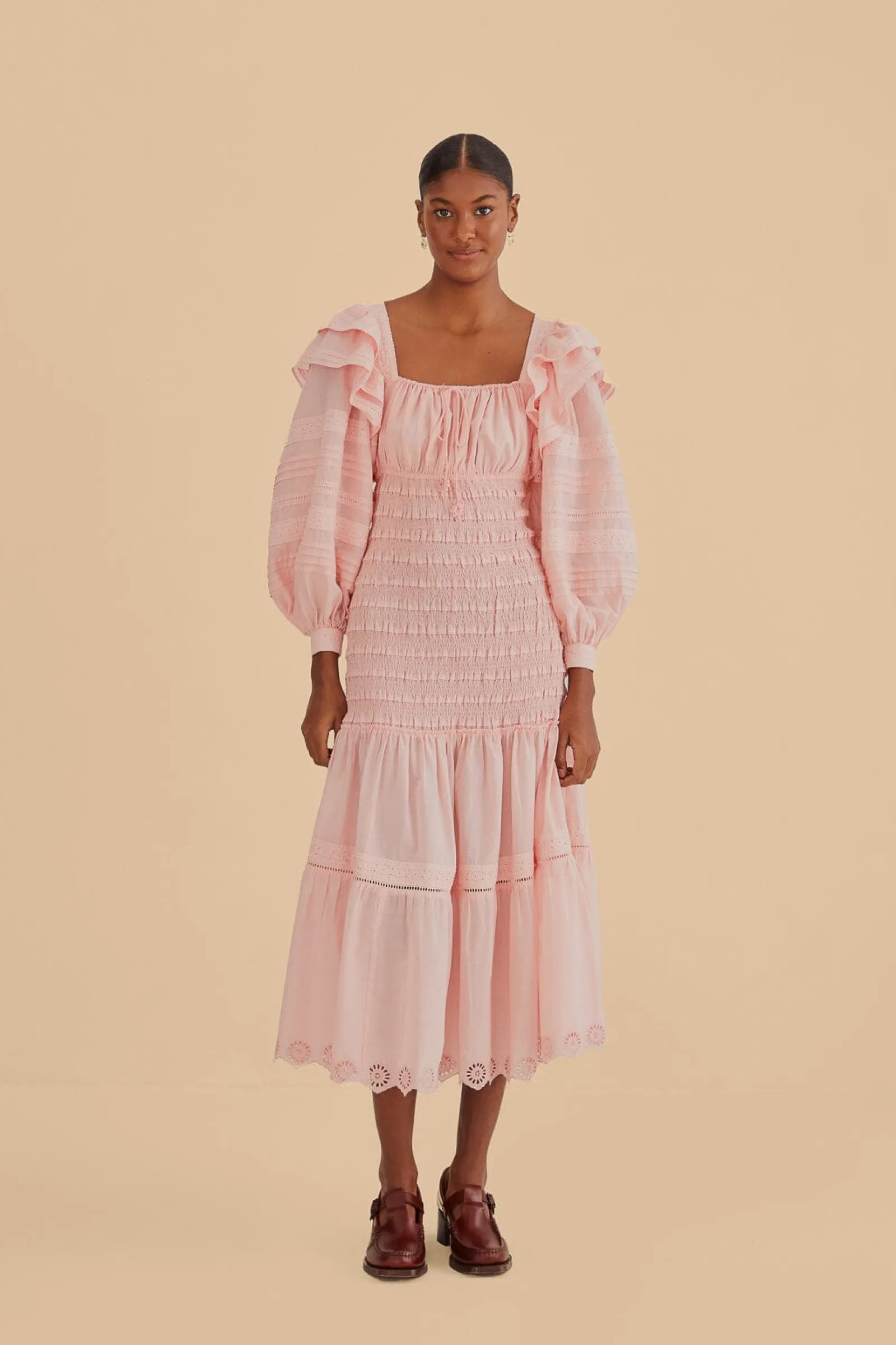 LIGHT PINK LONG SLEEVE SMOCKED MIDI DRESS