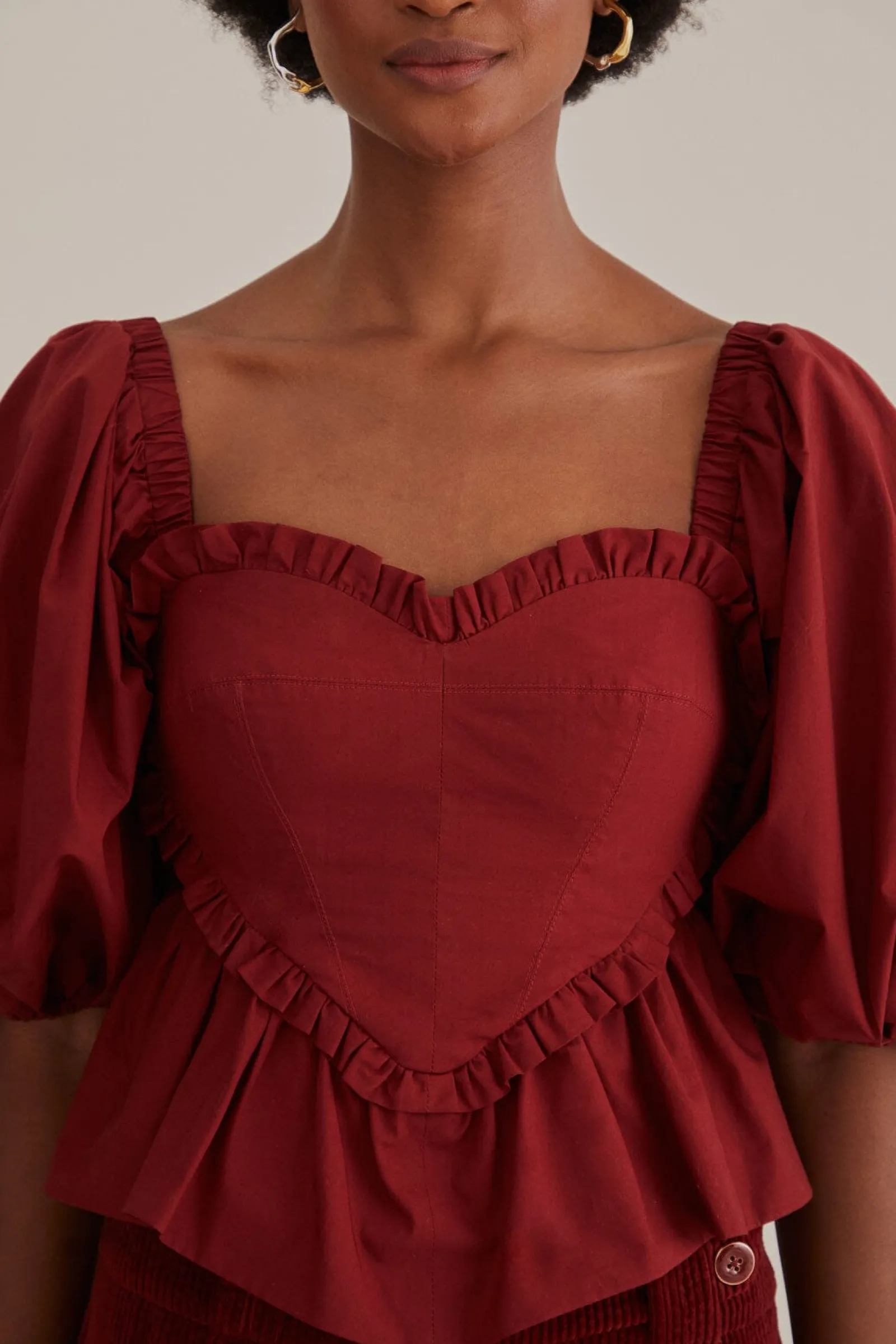 MARSALA HEART SHAPED PUFF SLEEVE BLOUSE