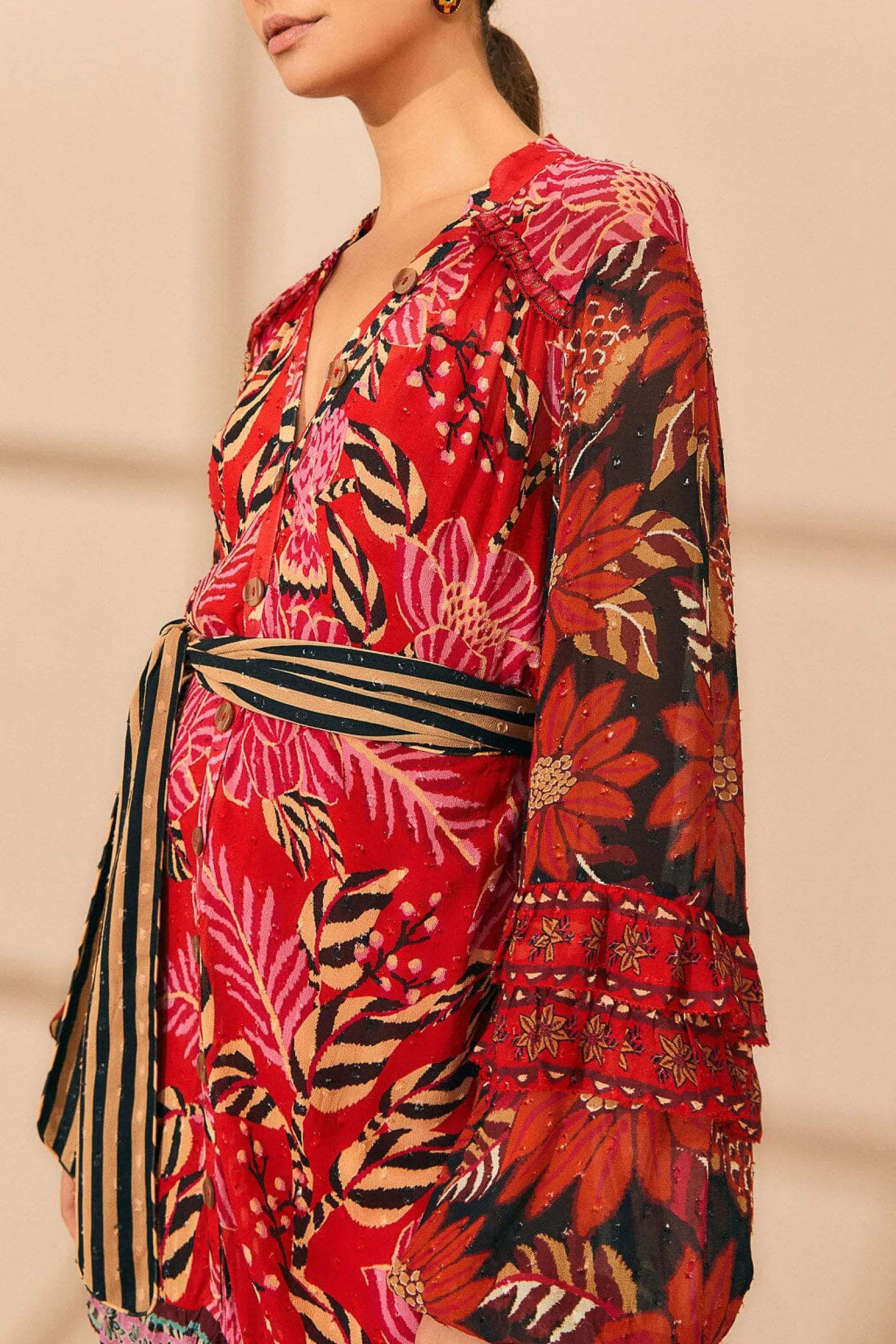 MIXED FLORAL PRINTS LONG SLEEVE MAXI DRESS