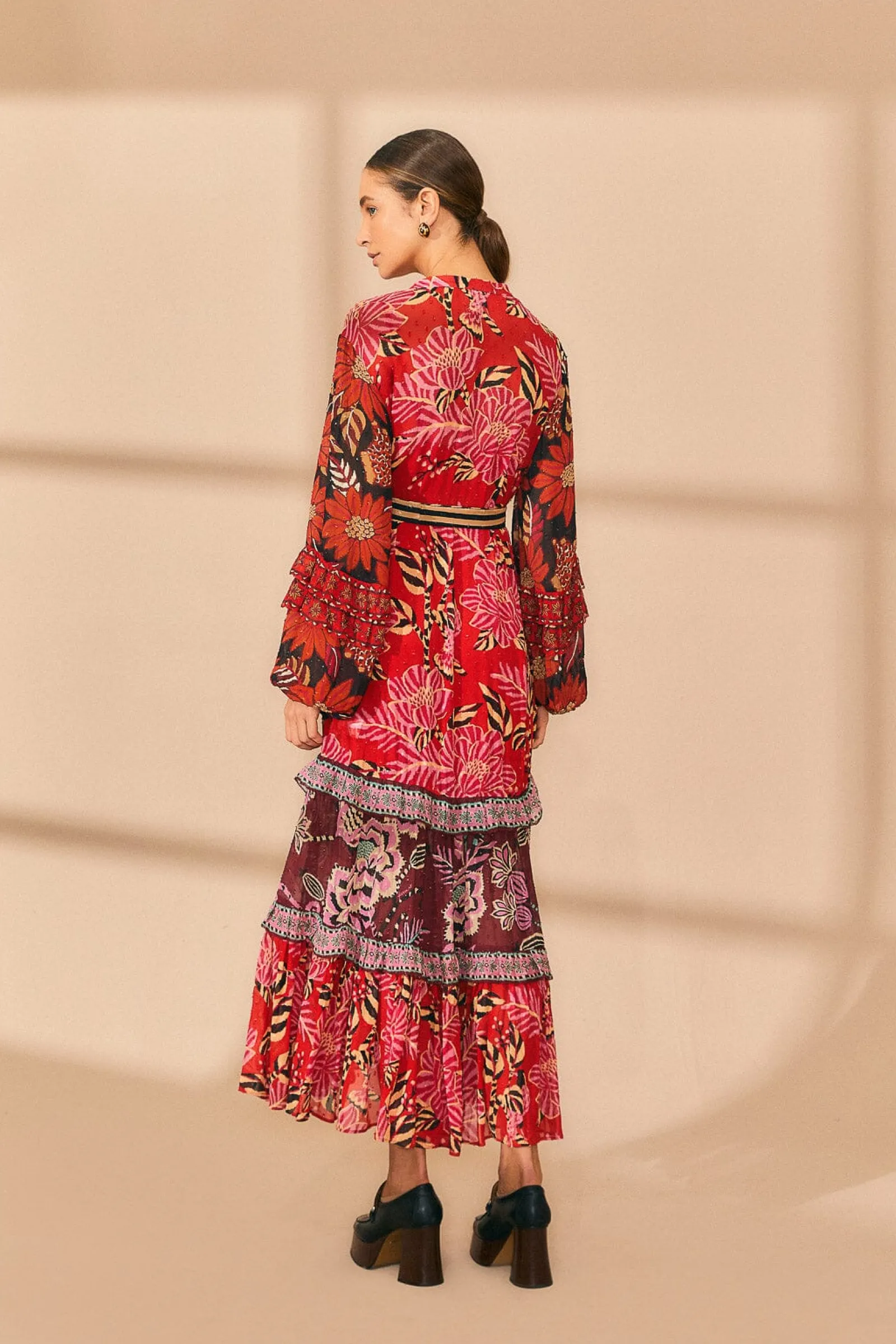 MIXED FLORAL PRINTS LONG SLEEVE MAXI DRESS