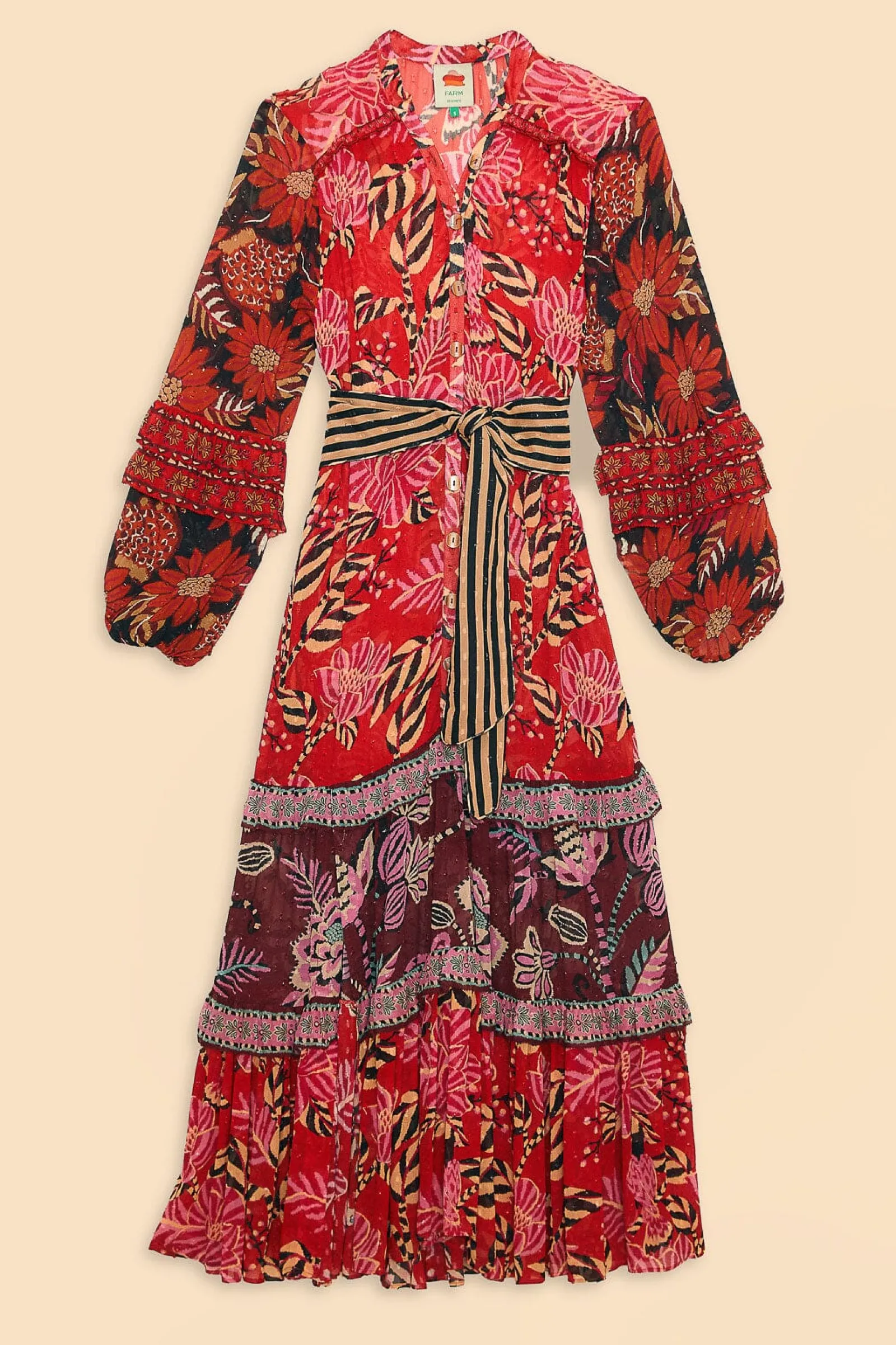 MIXED FLORAL PRINTS LONG SLEEVE MAXI DRESS