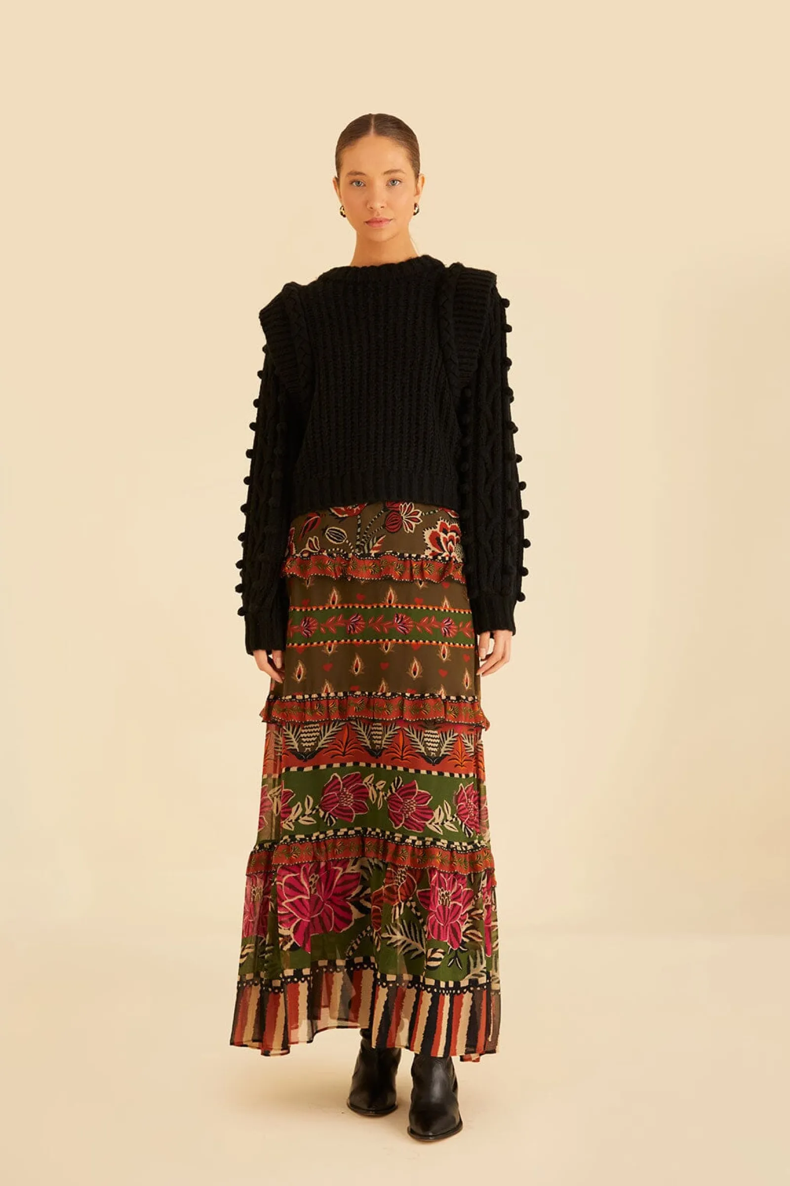 MULTICOLOR AINIKA FLORAL GARDEN TIERED MAXI SKIRT