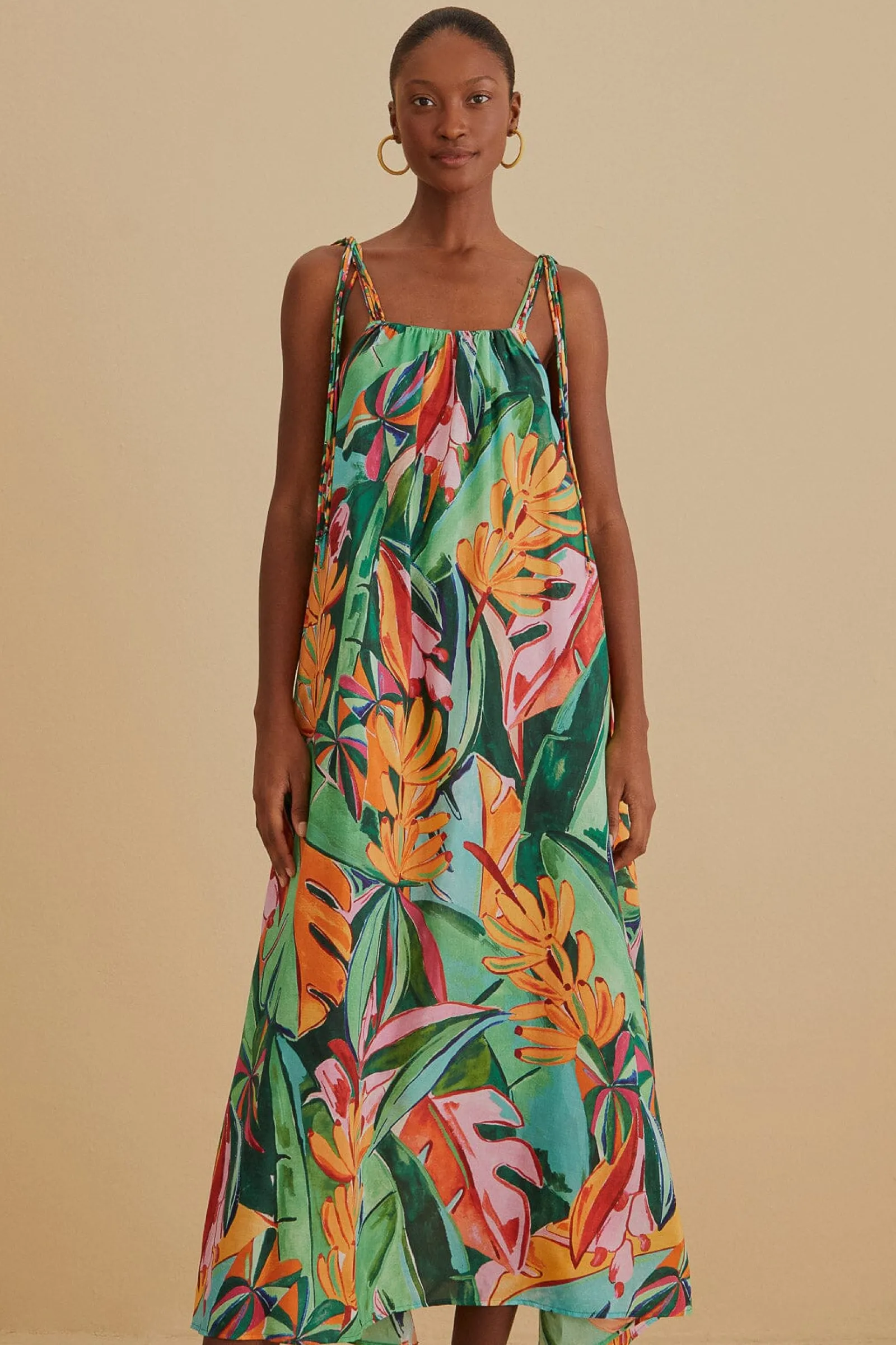  MULTICOLOR BANANA FOLIAGE SLEEVELESS MIDI DRESS