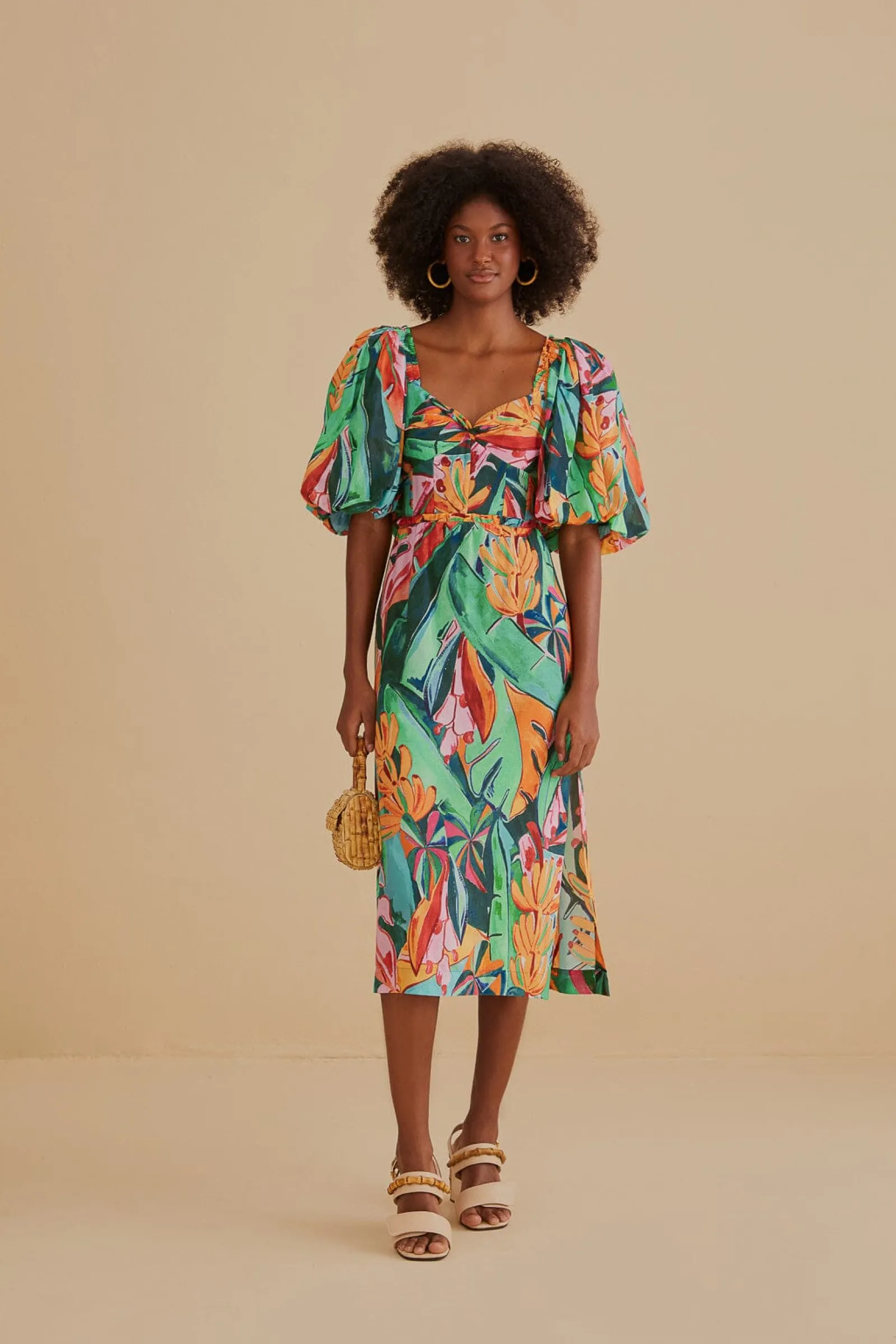  MULTICOLOR BANANA FOLIAGE PUFF SLEEVE MIDI DRESS