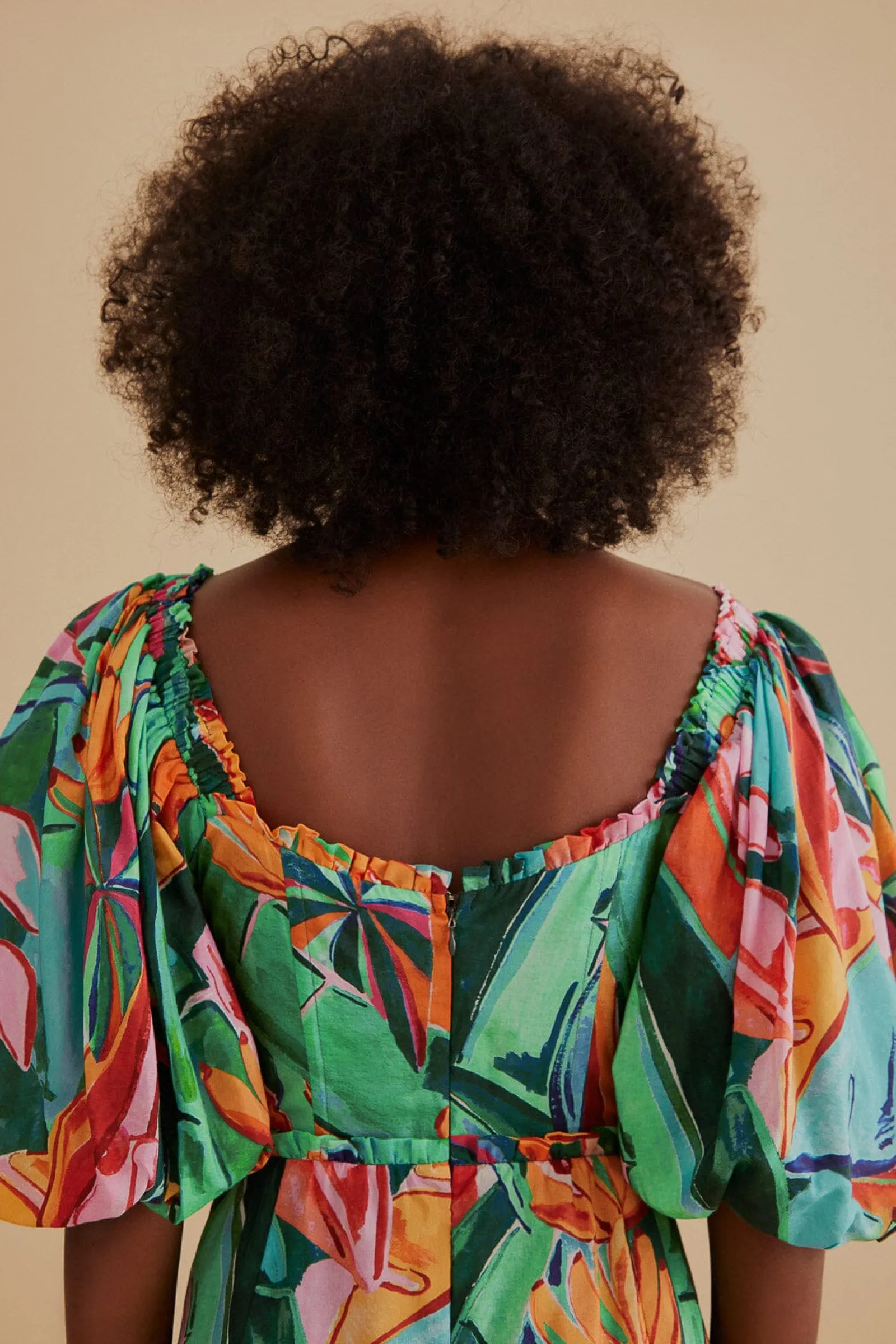  MULTICOLOR BANANA FOLIAGE PUFF SLEEVE MIDI DRESS