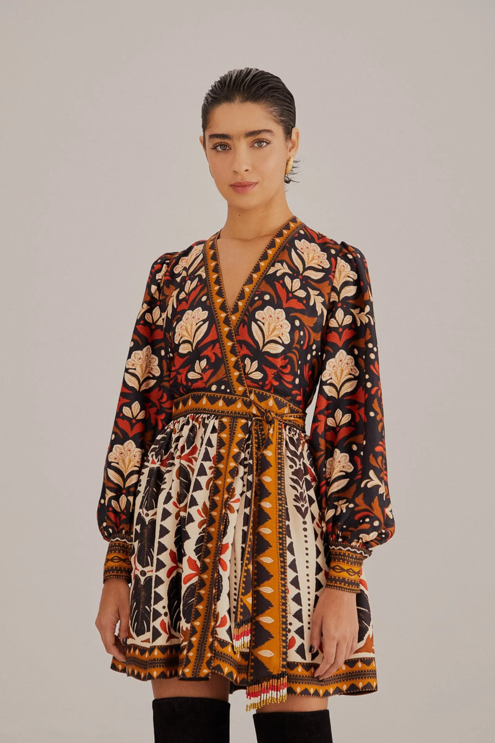 MULTICOLOR TAPESTRY GARDEN V NECK MINI DRESS