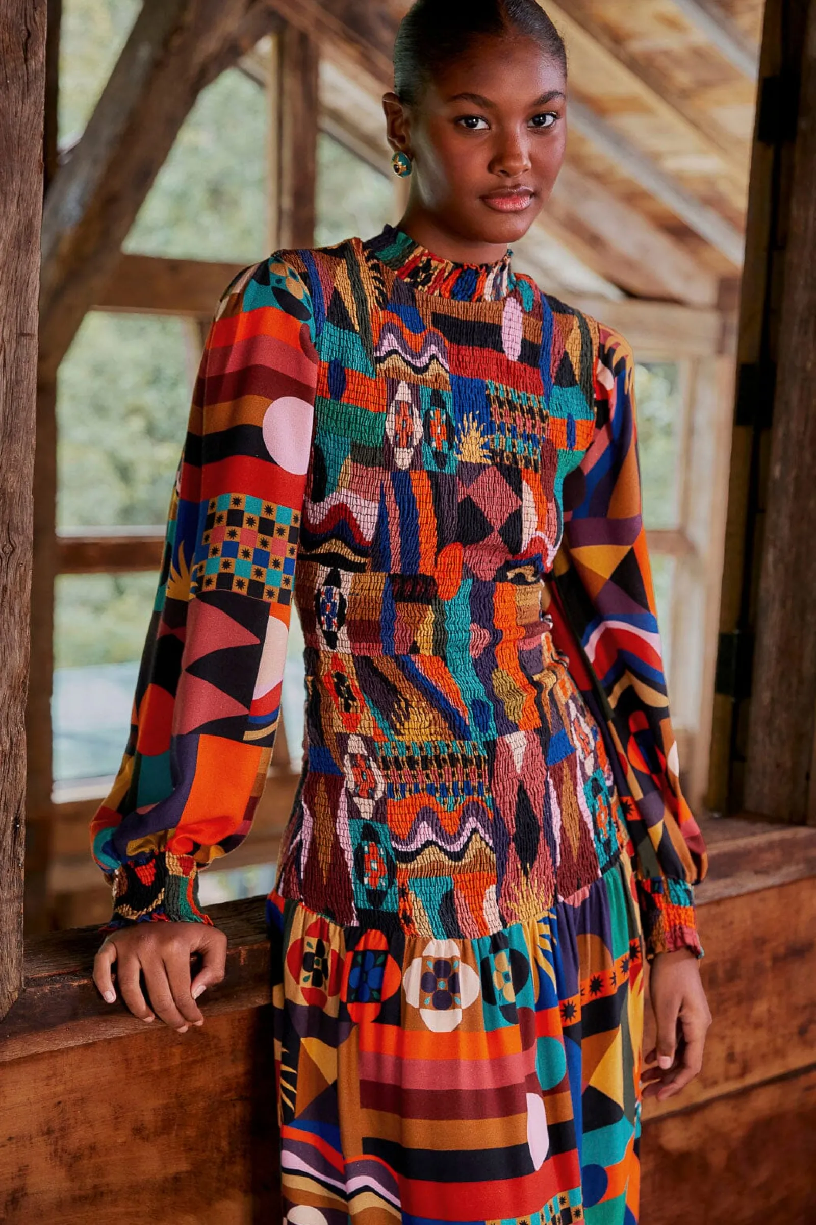 MULTICOLOR TROPICAL SHAPES LENZING™ ECOVERO™ VISCOSE MIDI DRESS