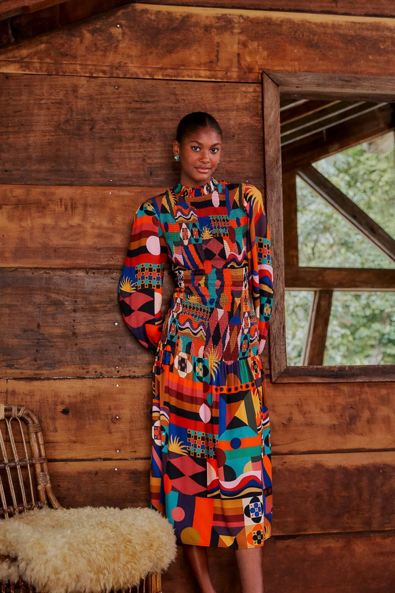 MULTICOLOR TROPICAL SHAPES LENZING™ ECOVERO™ VISCOSE MIDI DRESS