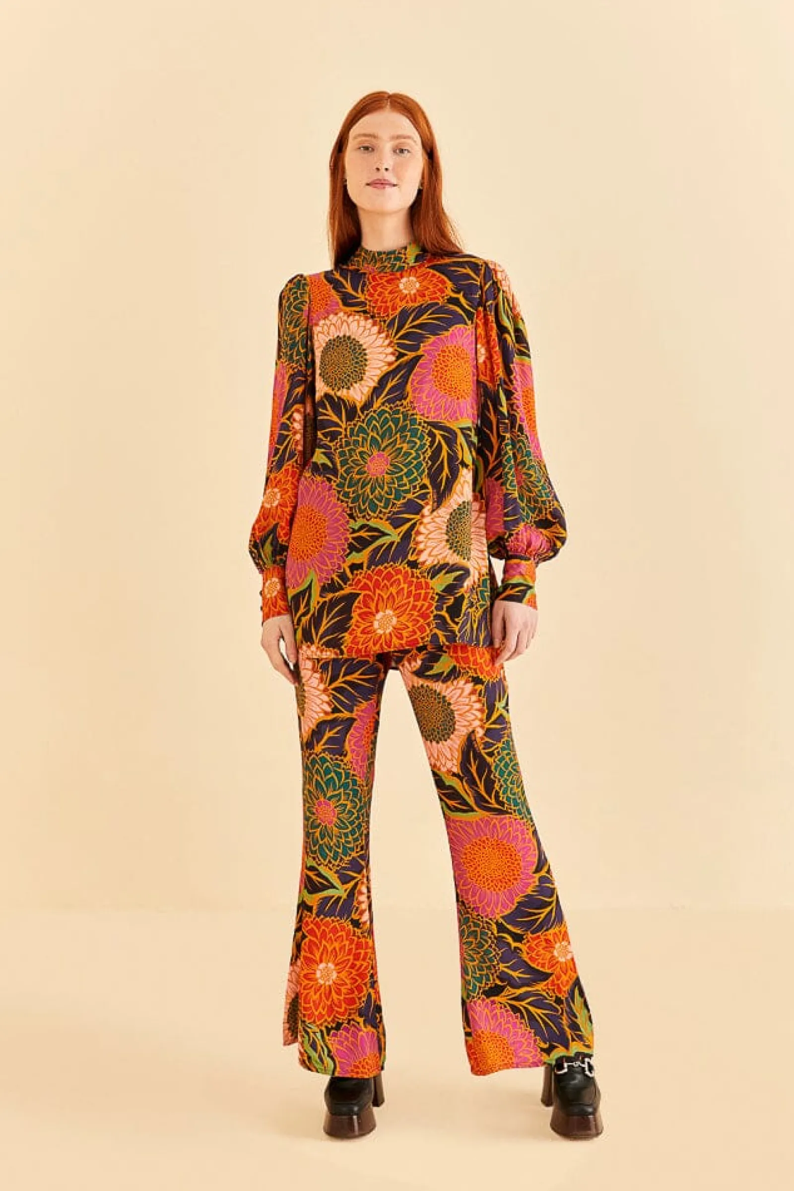  MULTICOLOR VINTAGE GARDEN SATIN FLARE PANTS