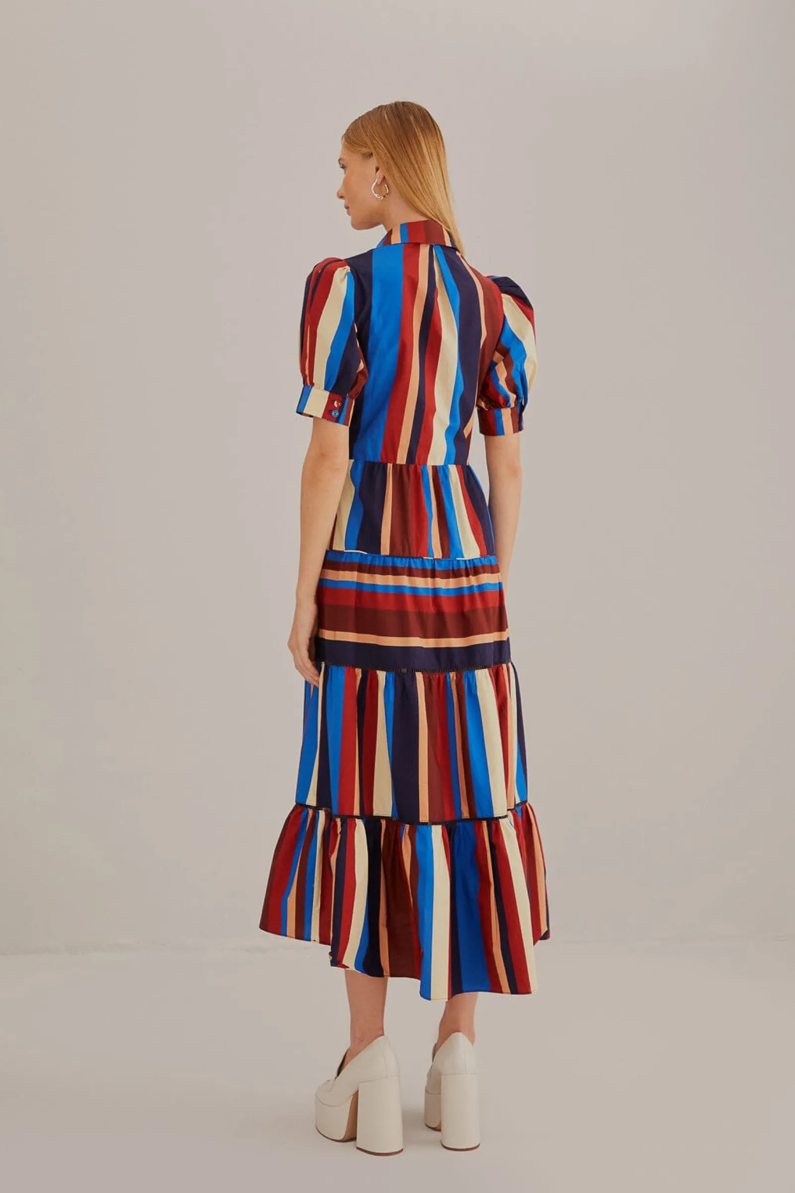 MULTICOLOR WINTER STRIPES SHORT SLEEVE MIDI DRESS