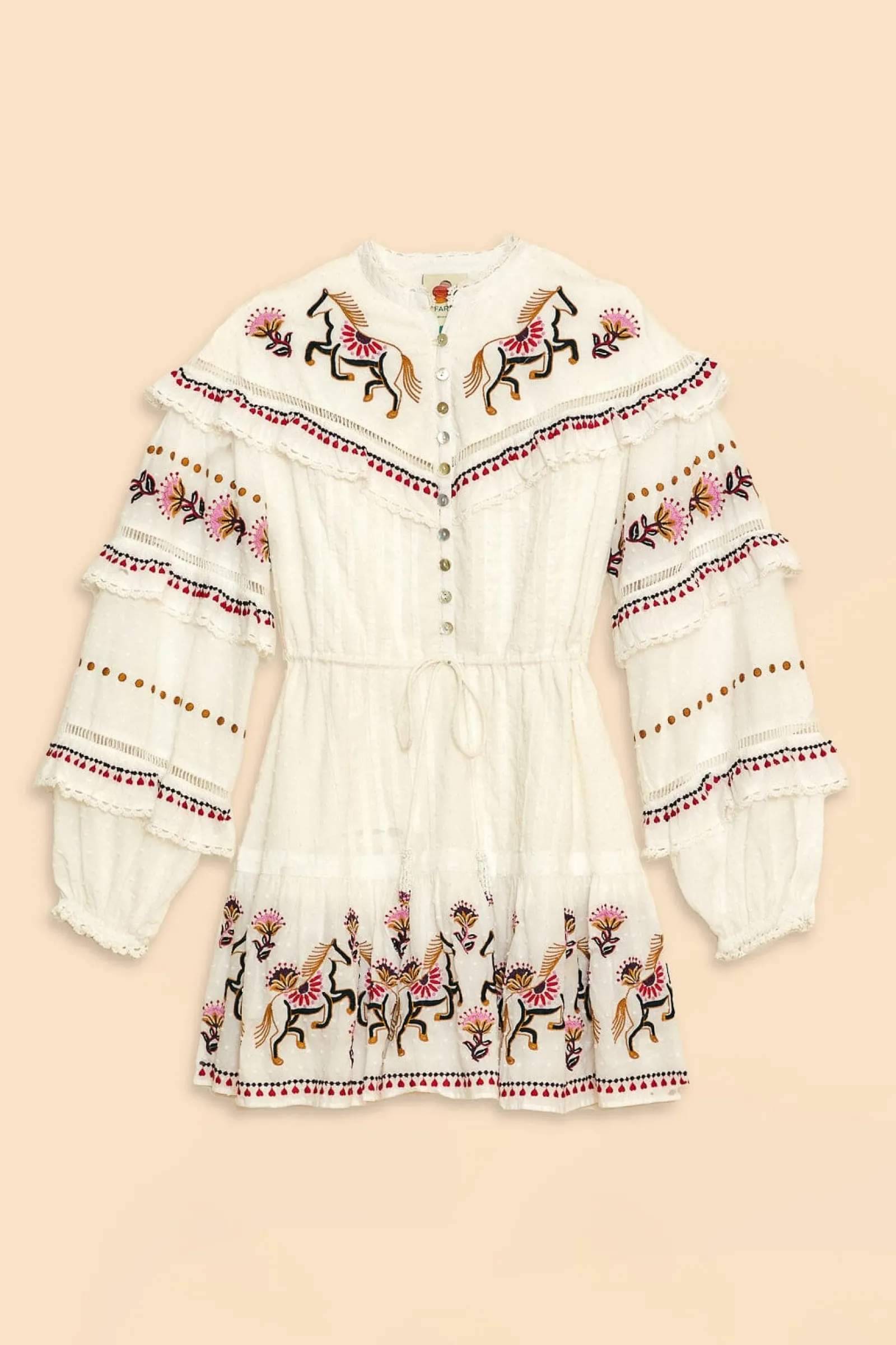 OFF-WHITE EMBROIDERED HORSES RUFFLE MINI DRESS