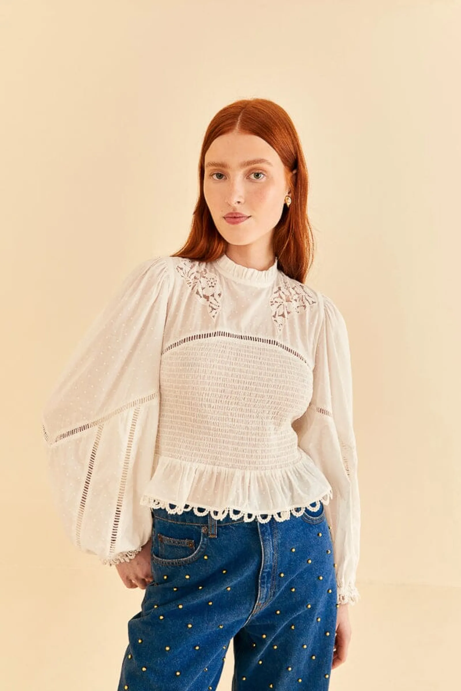  OFF-WHITE SMOCKED BLOUSE