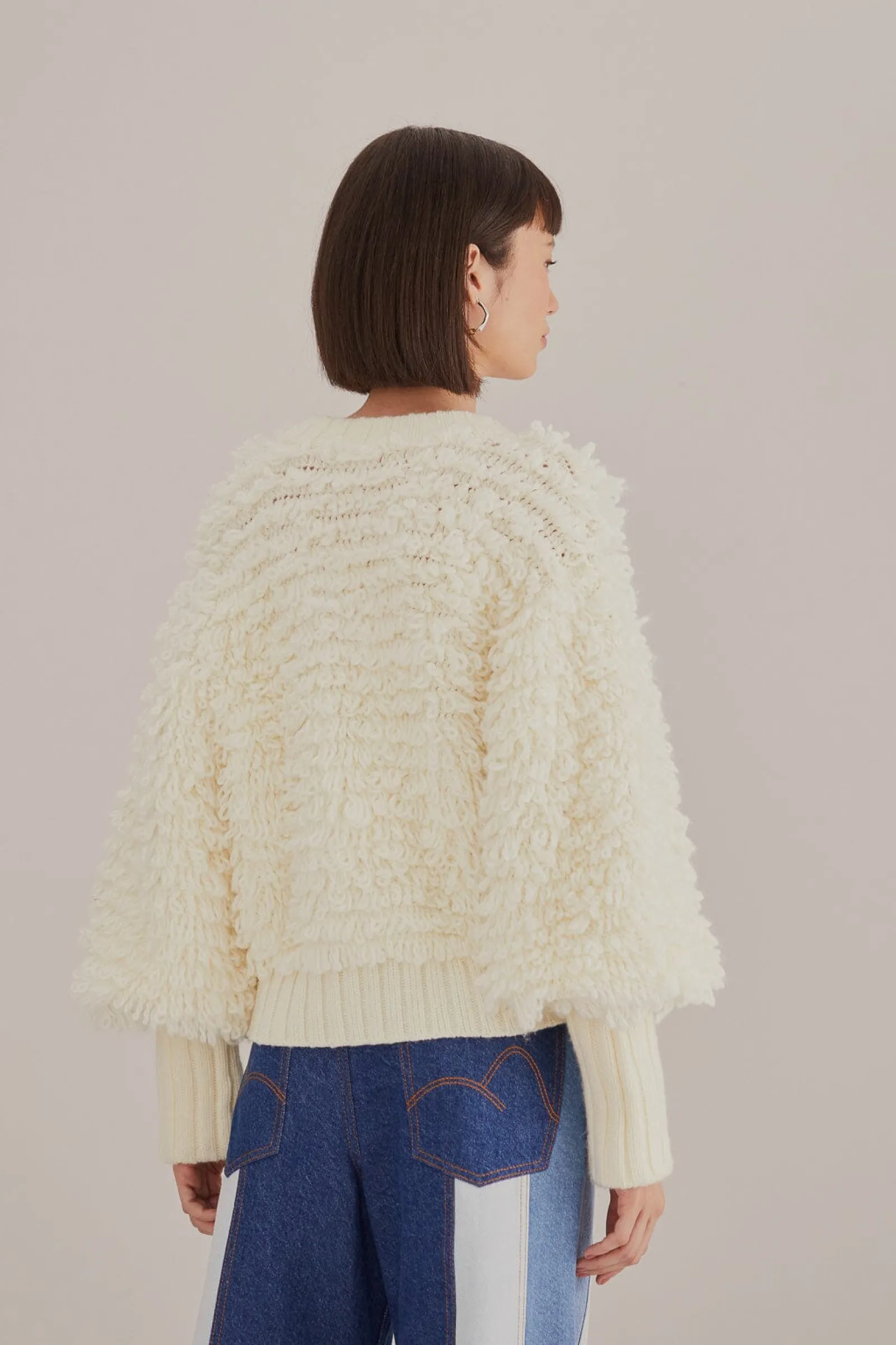 OFF-WHITE TEXTURED V NECK CARDIGAN