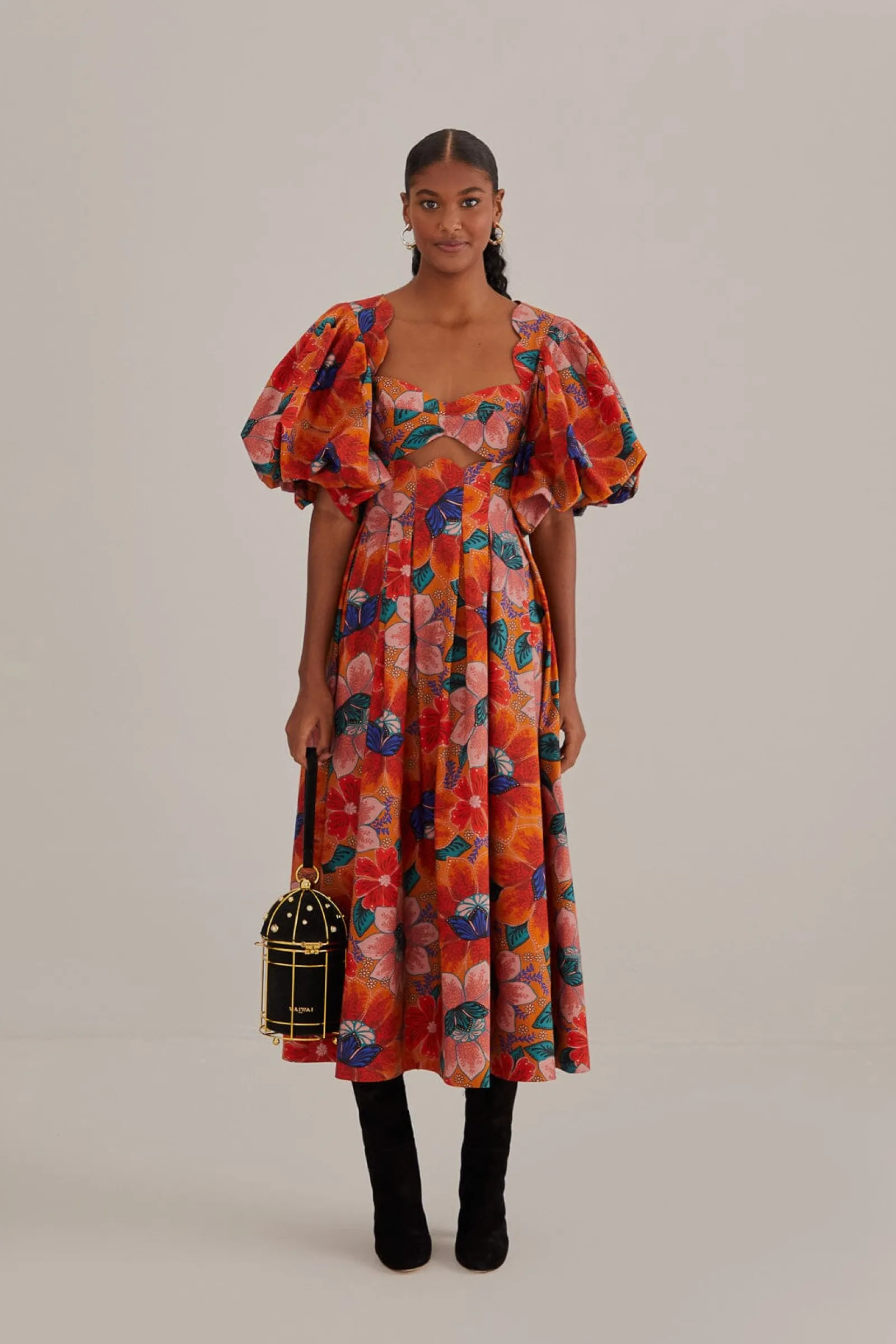  ORANGE MARIAS FLORAL CUT-OUT MIDI DRESS