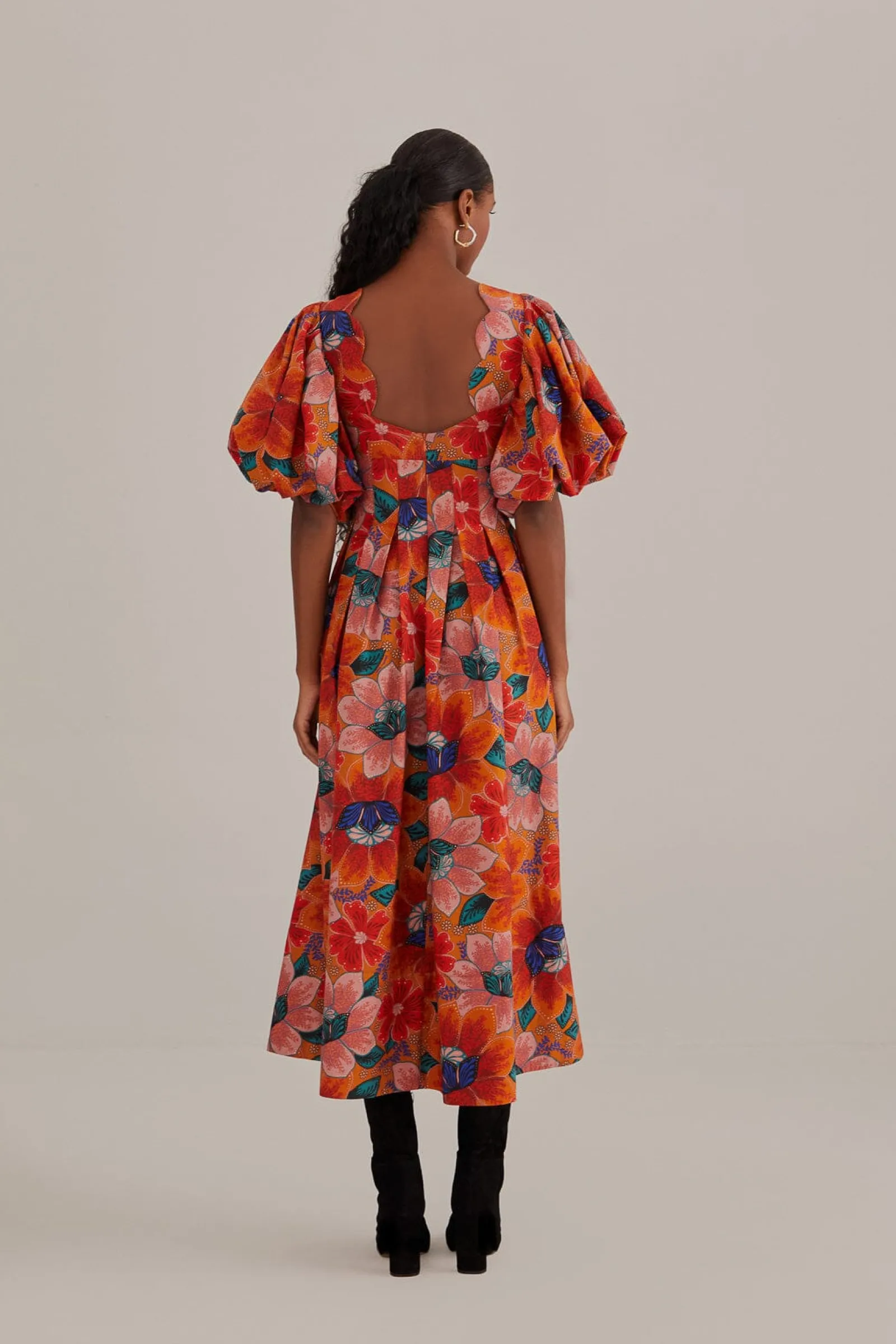 ORANGE MARIAS FLORAL CUT-OUT MIDI DRESS