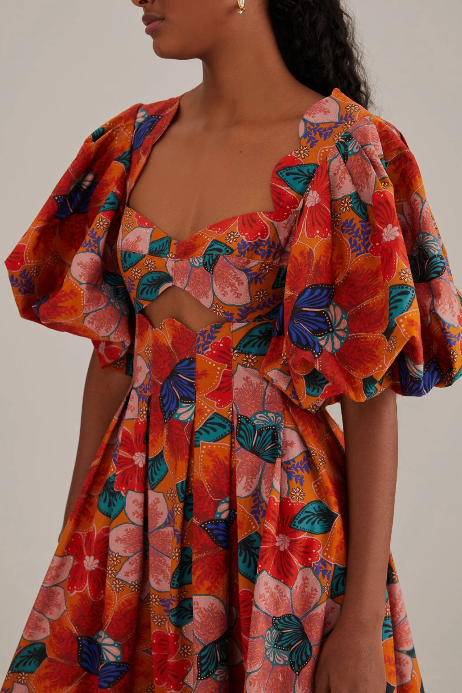 ORANGE MARIAS FLORAL CUT-OUT MIDI DRESS