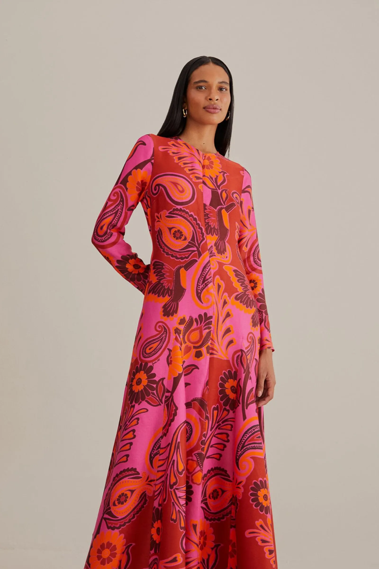 PINK BOLD FLORAL LONG SLEEVE MAXI DRESS