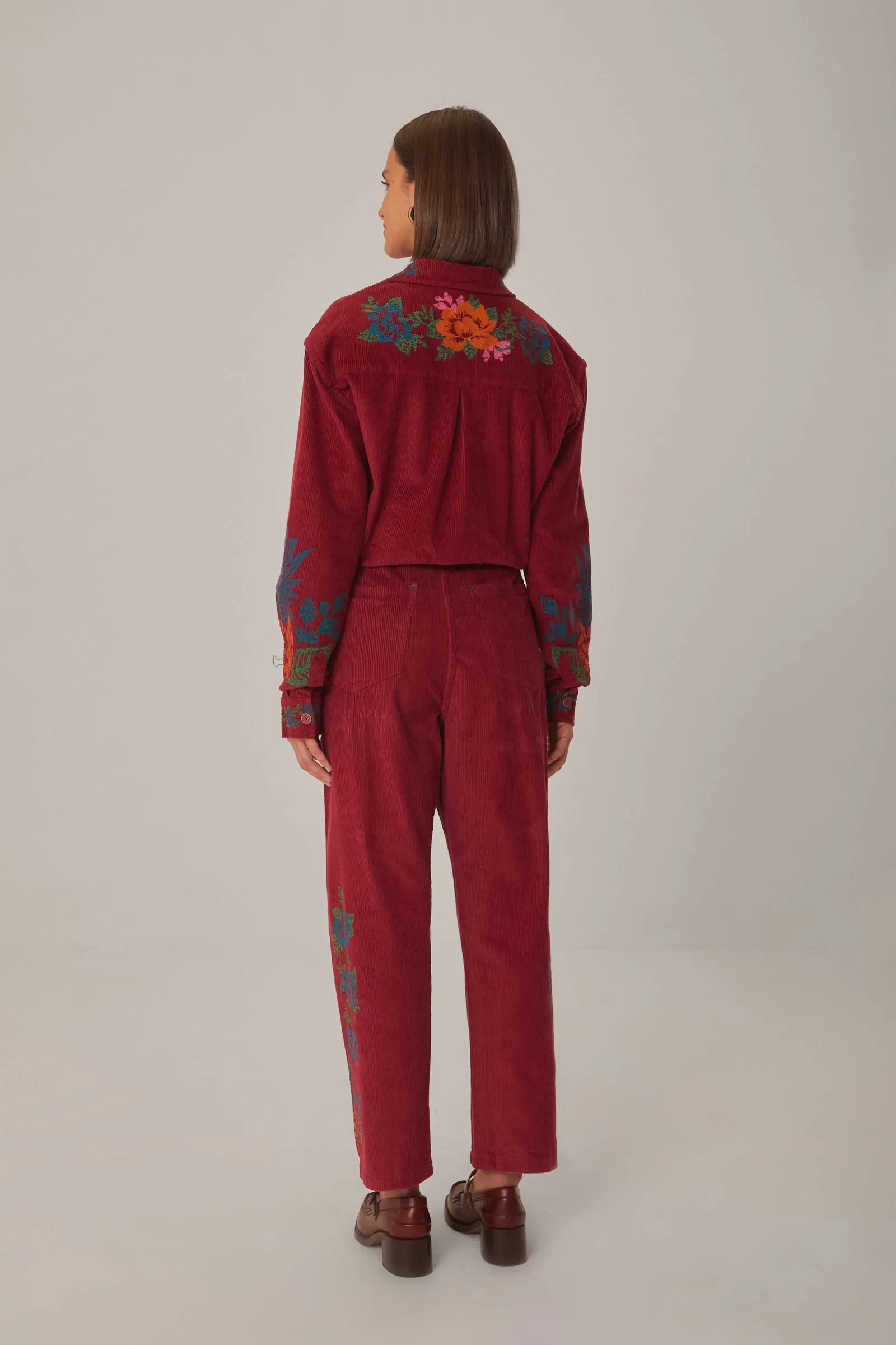 PINK CORDUROY EMBROIDERED PANTS