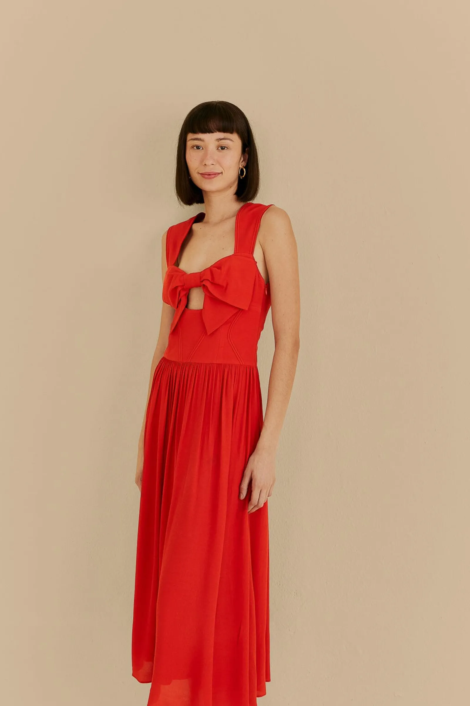  RED BOW SLEEVELESS MIDI DRESS