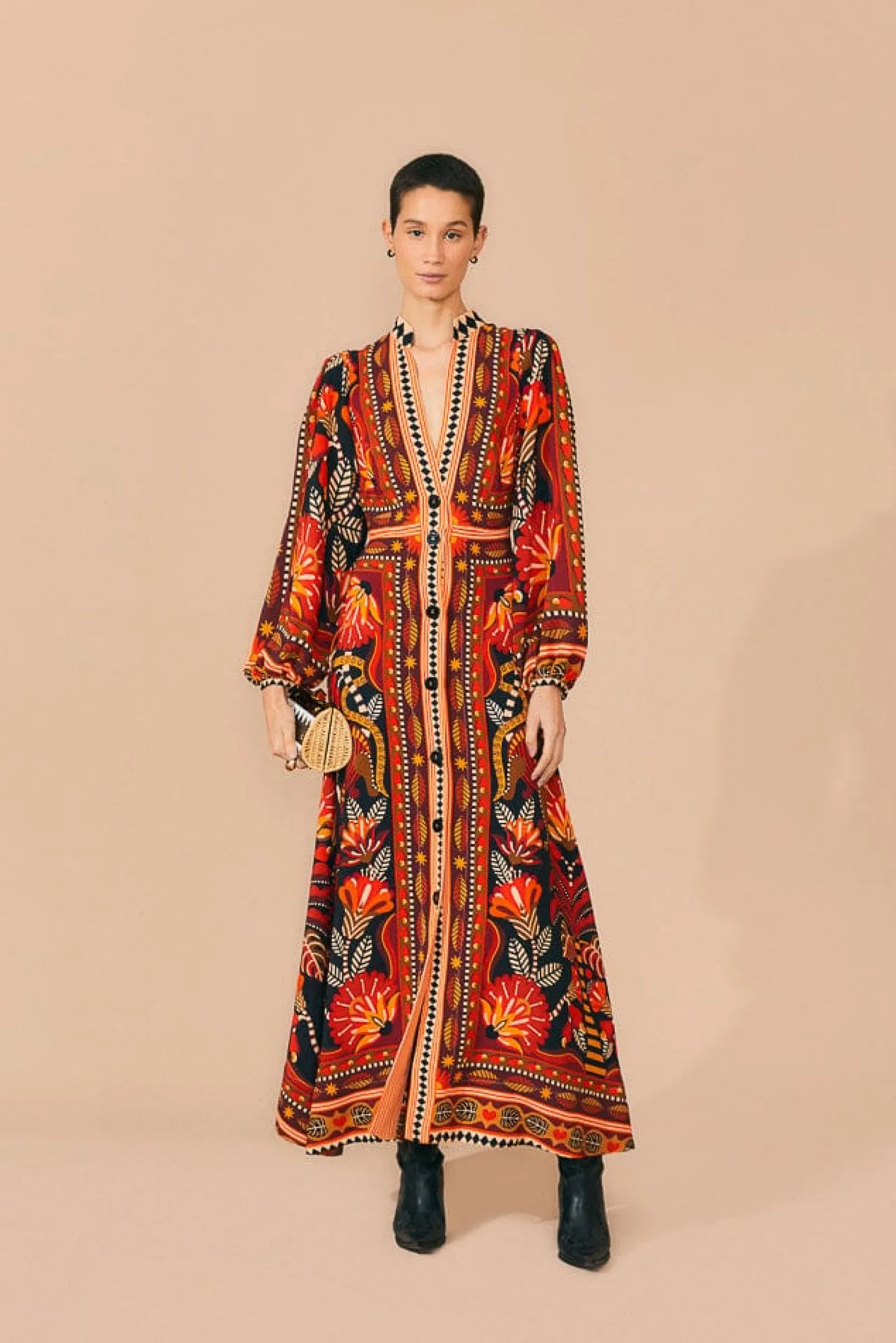 RED NATURE BEAUTY SCARF LONG SLEEVE MAXI DRESS