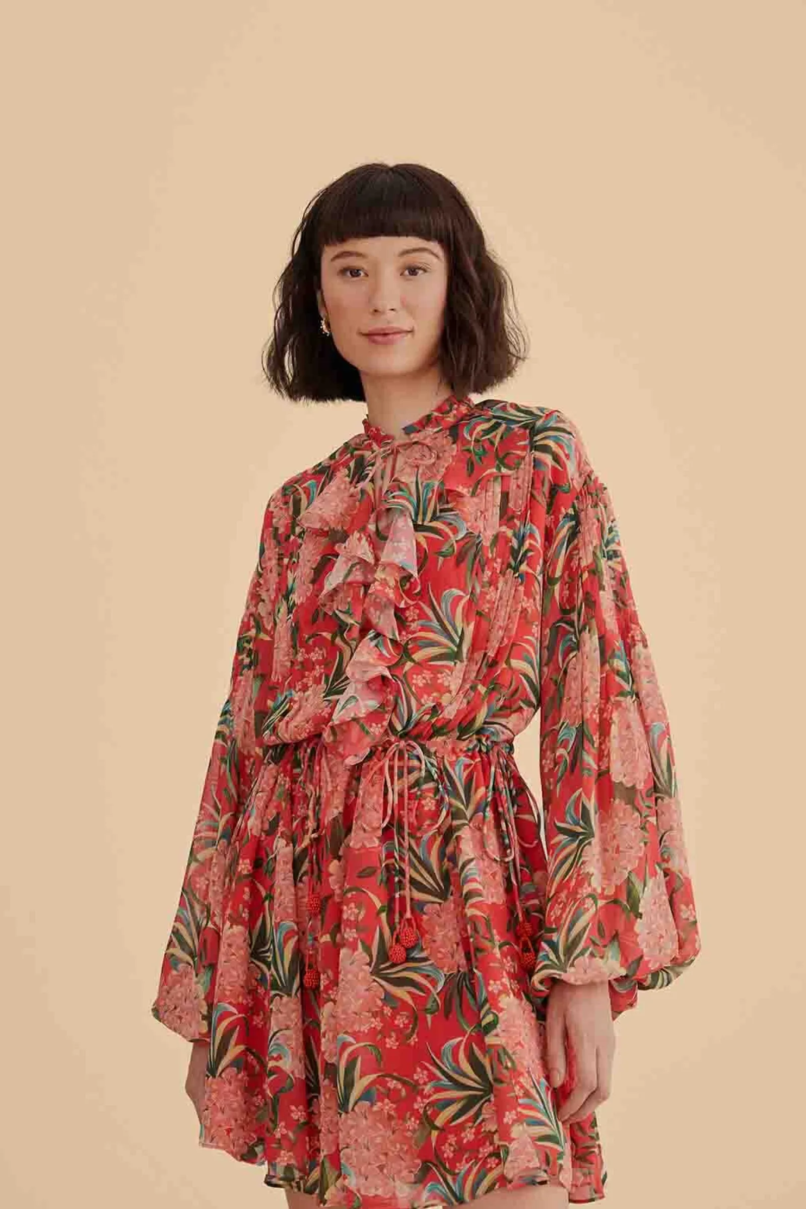  RED PINEAPPLE BLOOM V NECK MINI DRESS