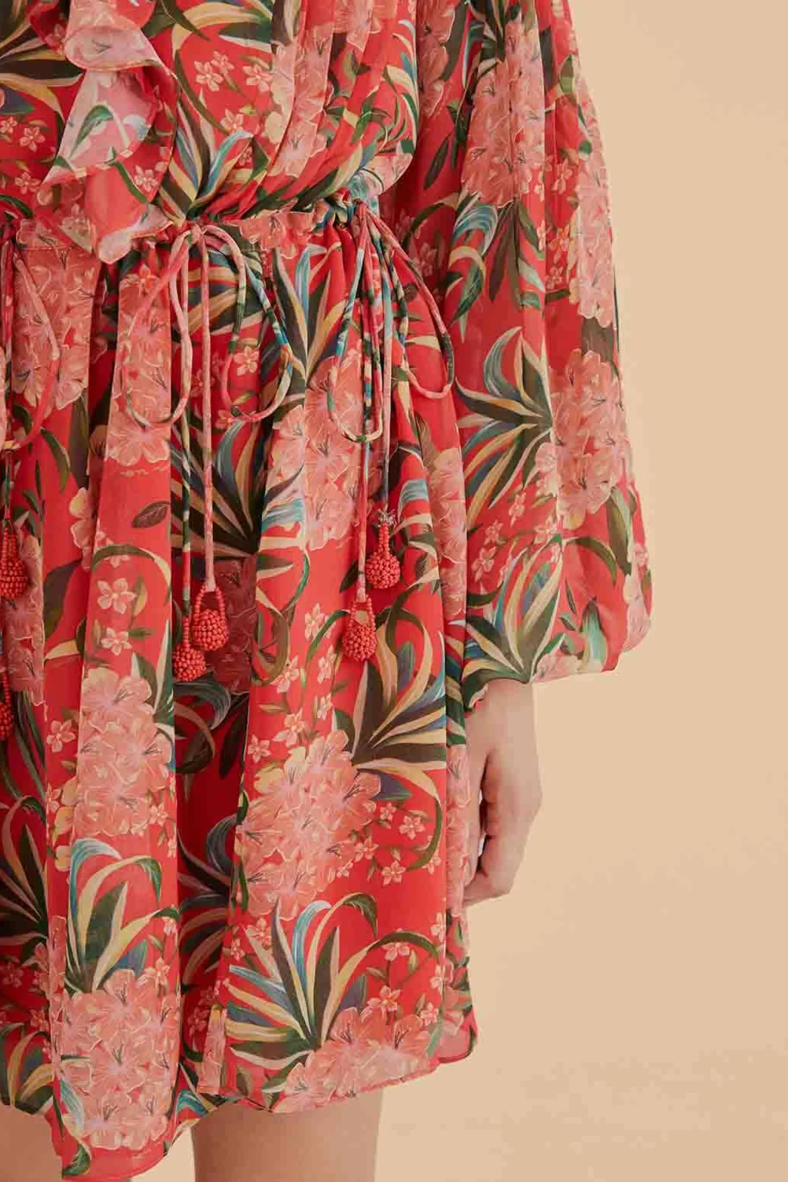 RED PINEAPPLE BLOOM V NECK MINI DRESS