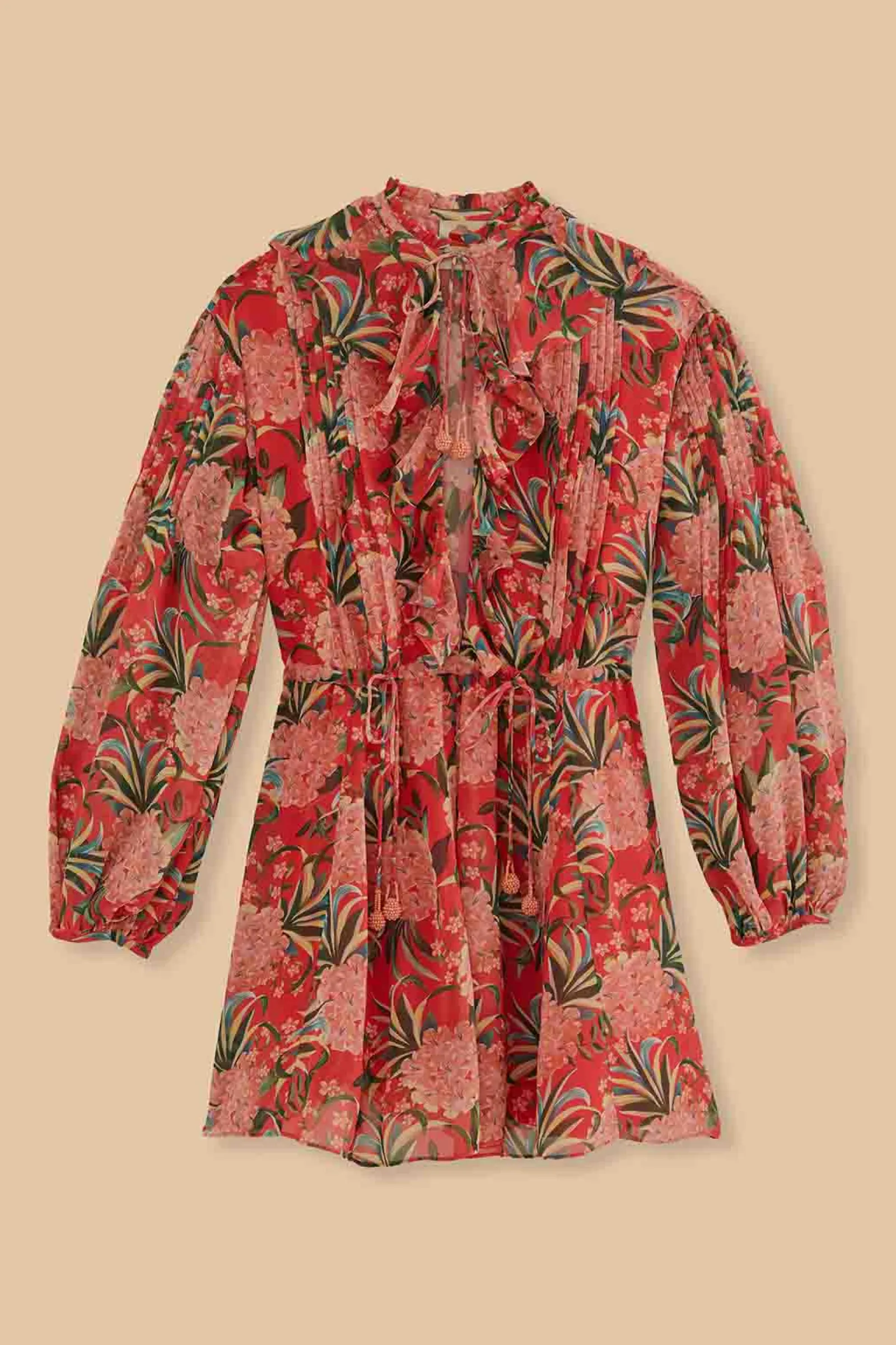 RED PINEAPPLE BLOOM V NECK MINI DRESS