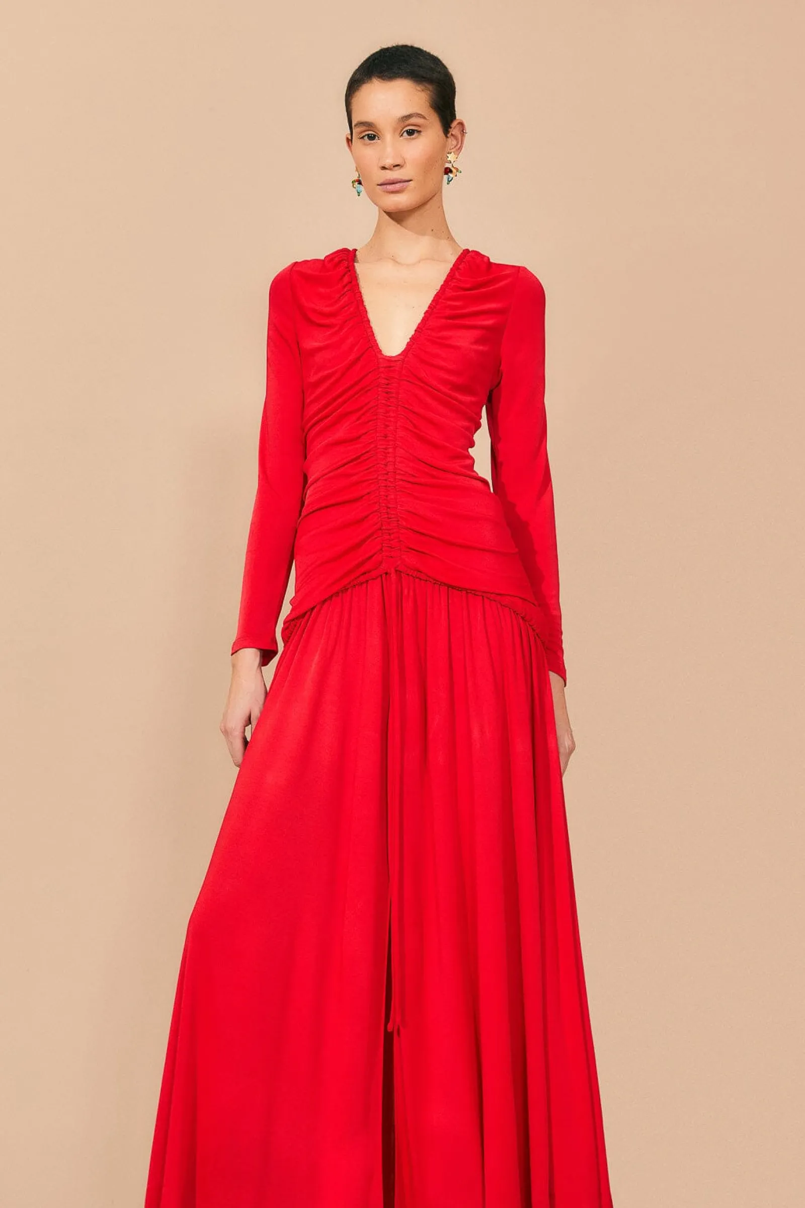 RED V NECKLINE LONG SLEEVE MIDI DRESS