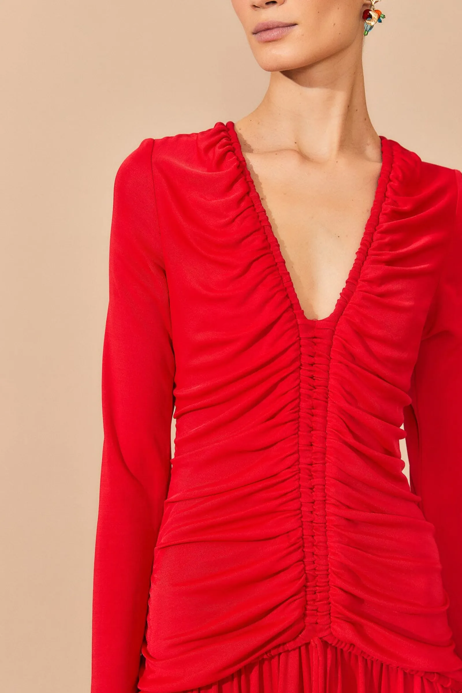 RED V NECKLINE LONG SLEEVE MIDI DRESS