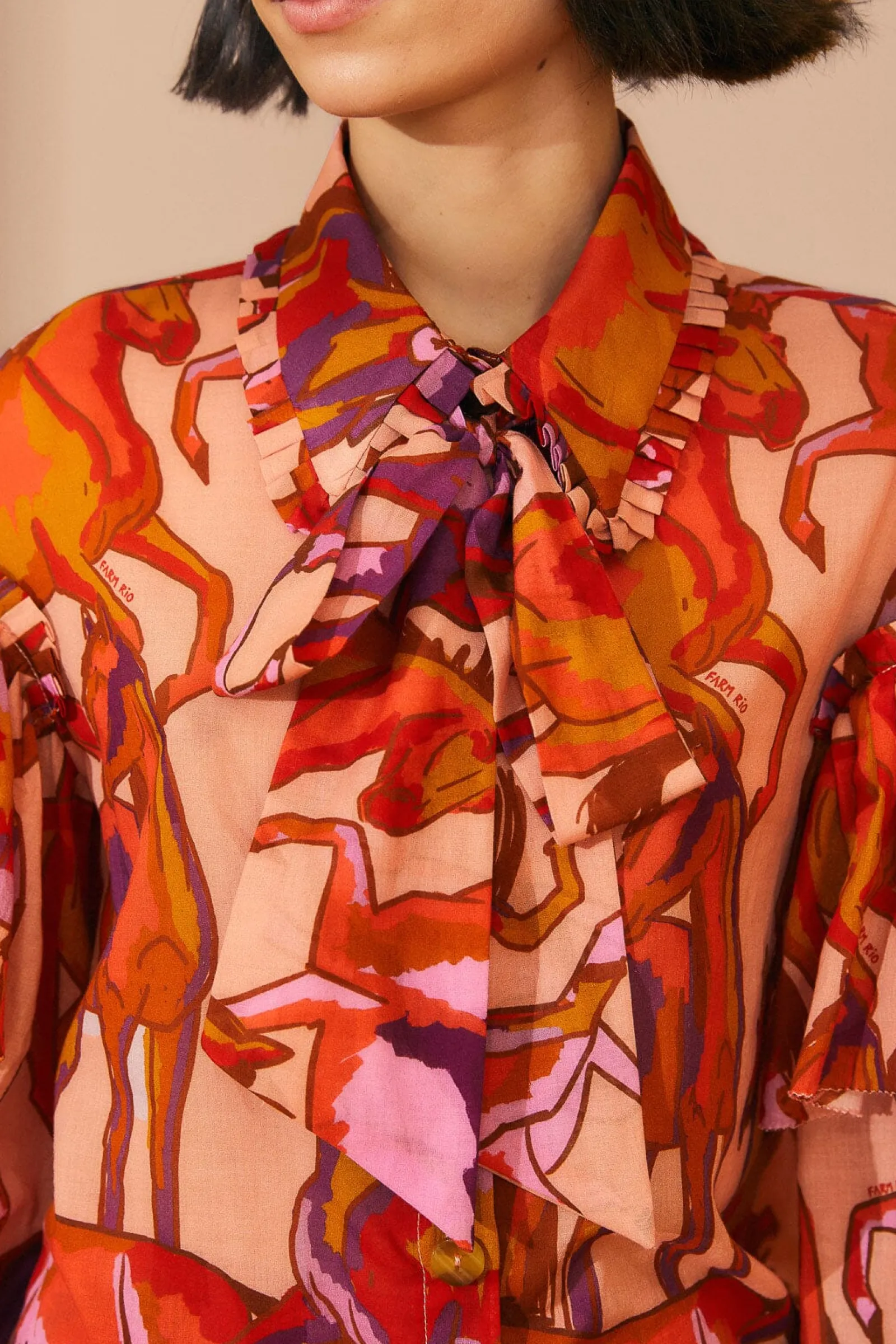ROSE WILD HORSES BOW NECK TIE BLOUSE