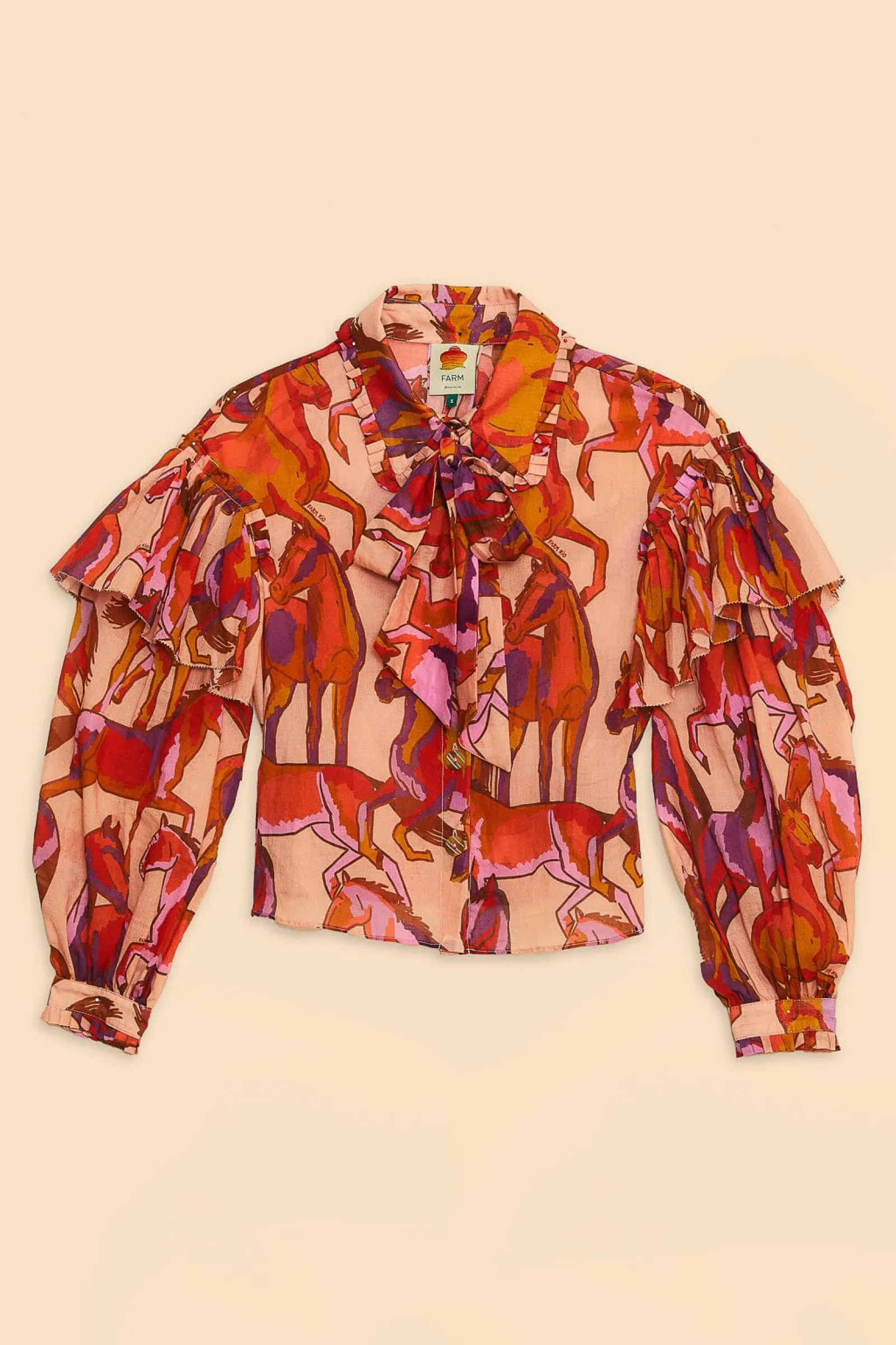 ROSE WILD HORSES BOW NECK TIE BLOUSE