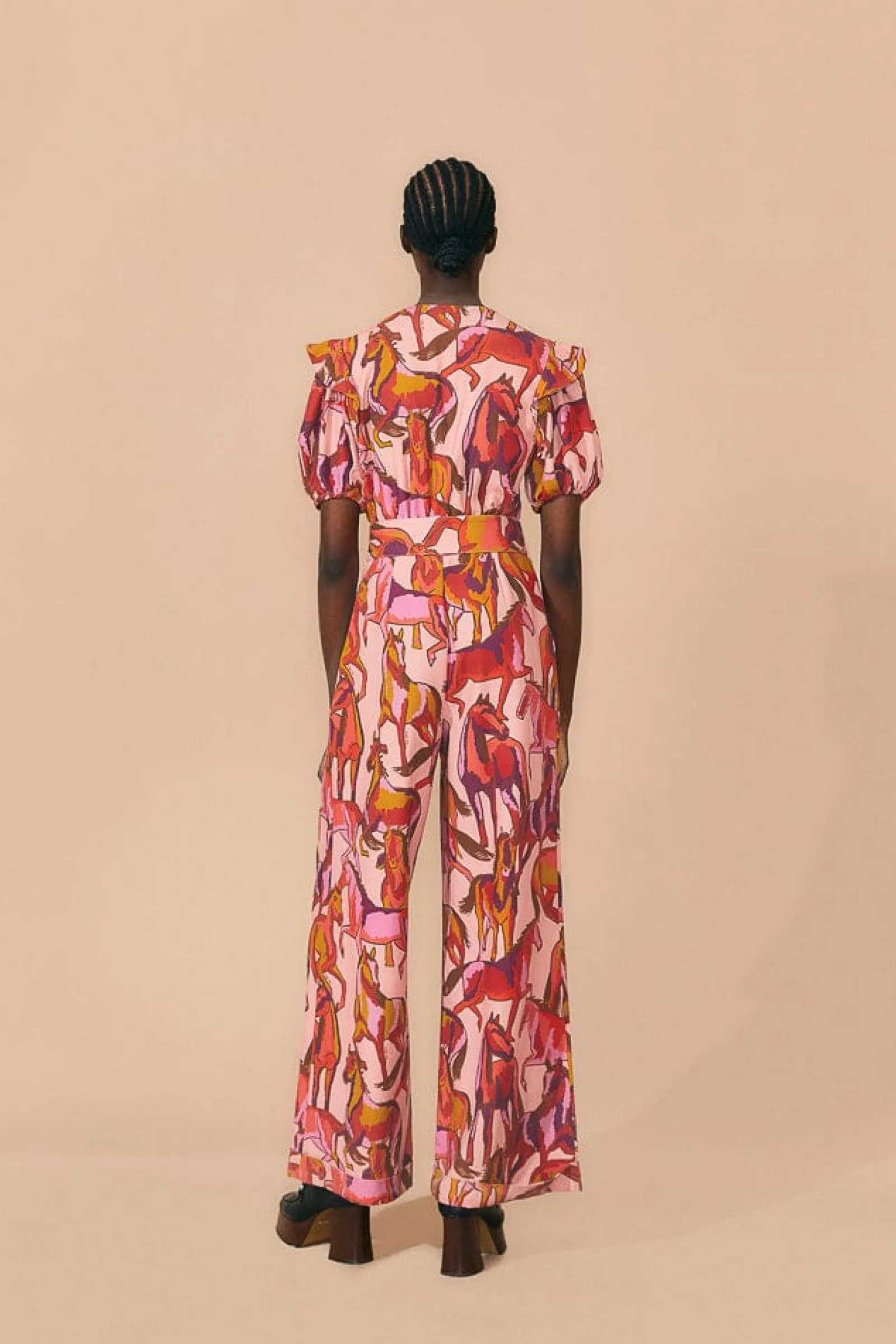 ROSE WILD HORSES PLEATED SHORT SLEEVE JUMPSUIT