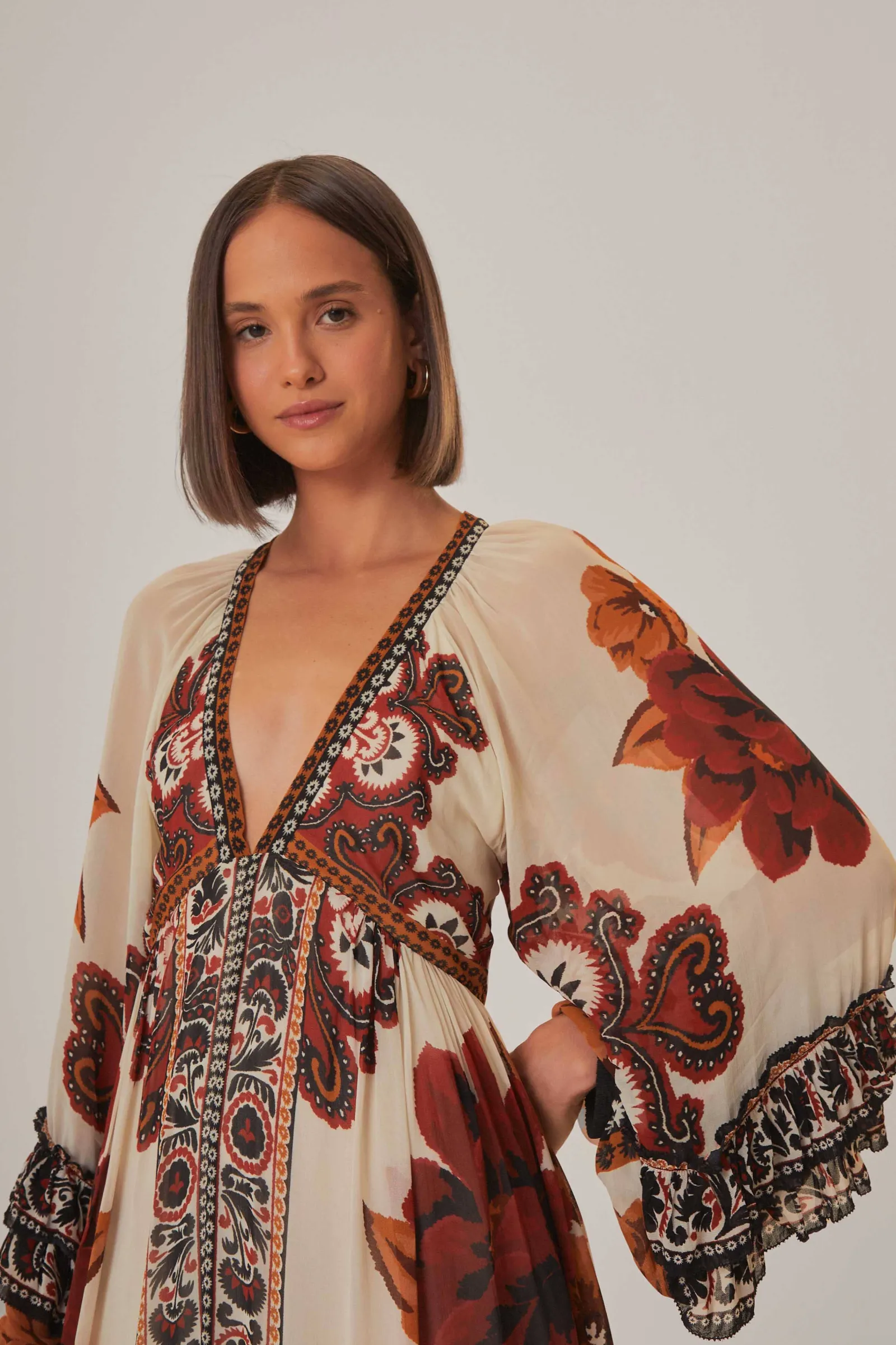 SAND WINTER TAPESTRY V NECK MAXI DRESS