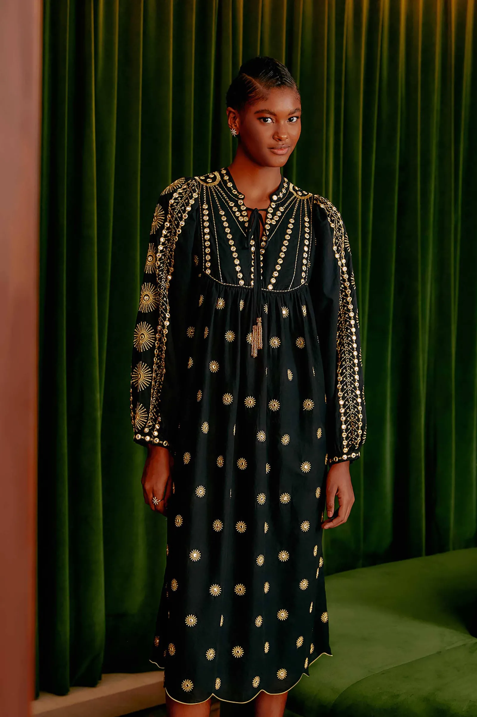 SUN EMBROIDERED MIDI DRESS