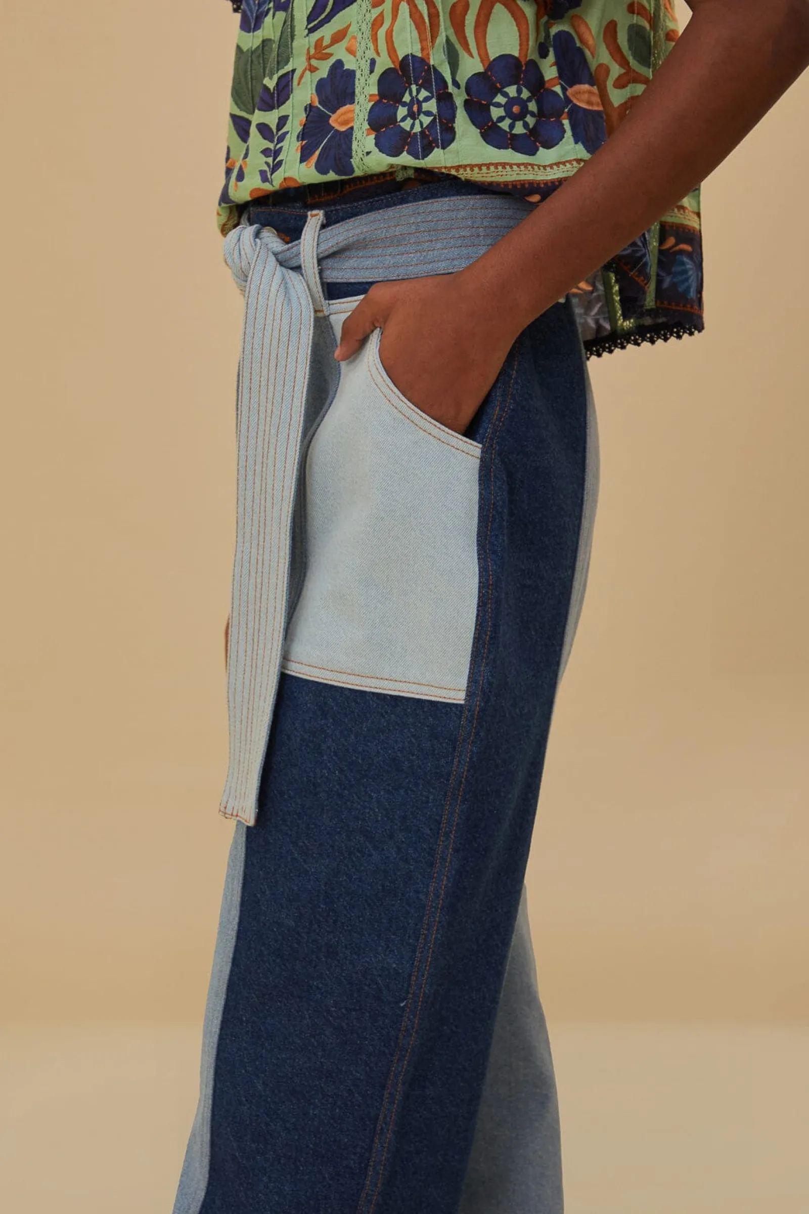 TIE WAIST PATCH DENIM PANTS