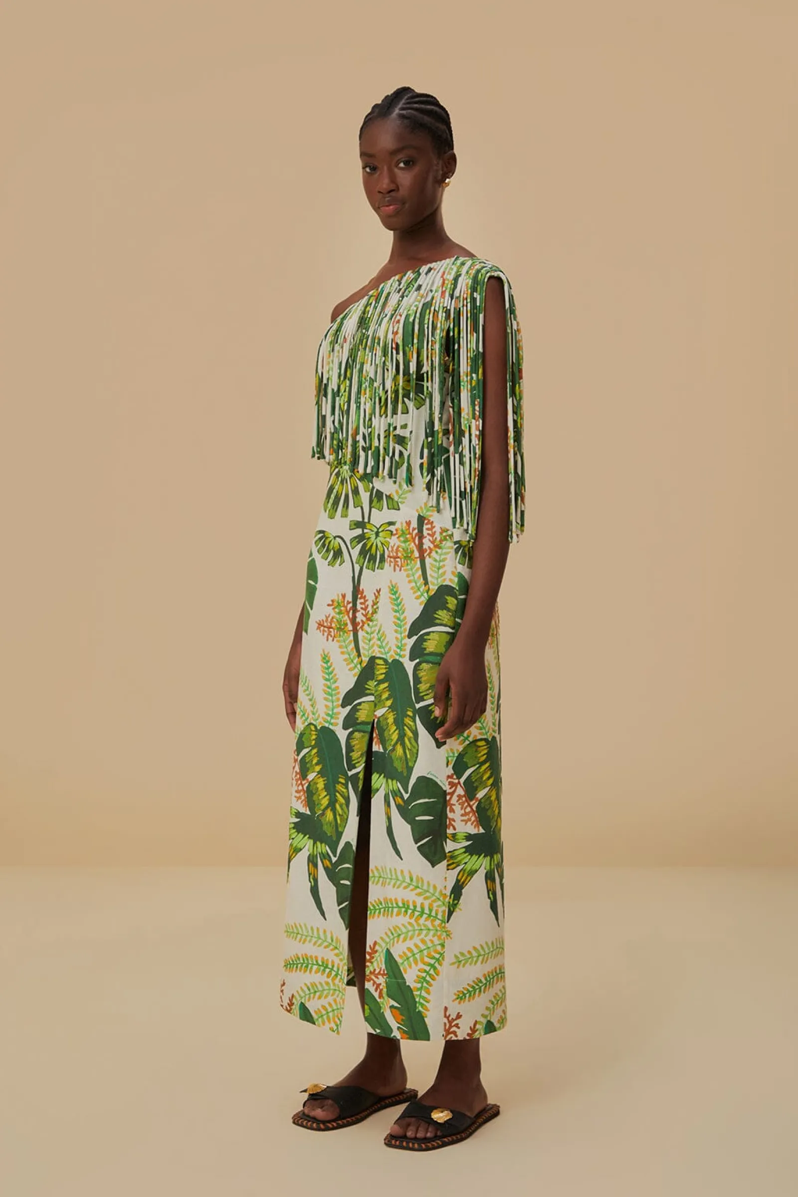 TROPICAL FOREST OFF-WHITE FRINGED MIDI DRESS