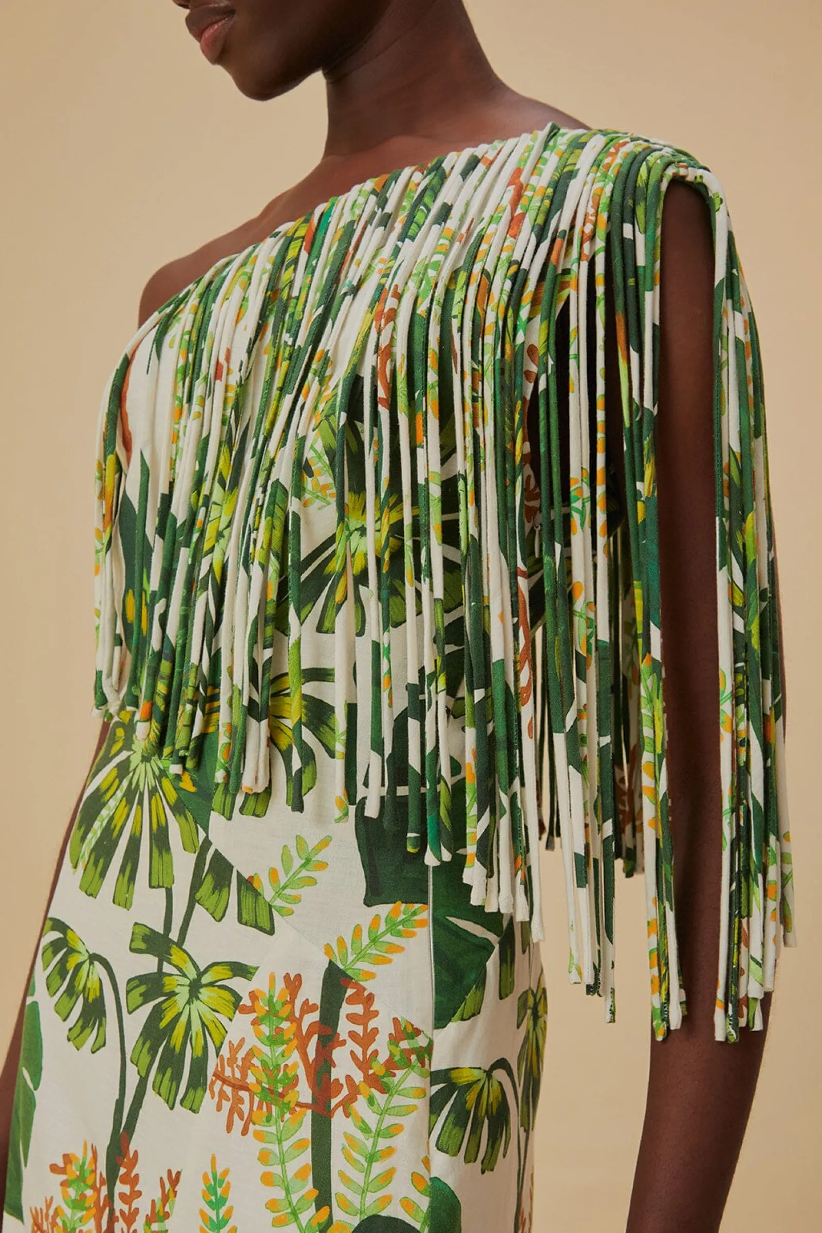 TROPICAL FOREST OFF-WHITE FRINGED MIDI DRESS