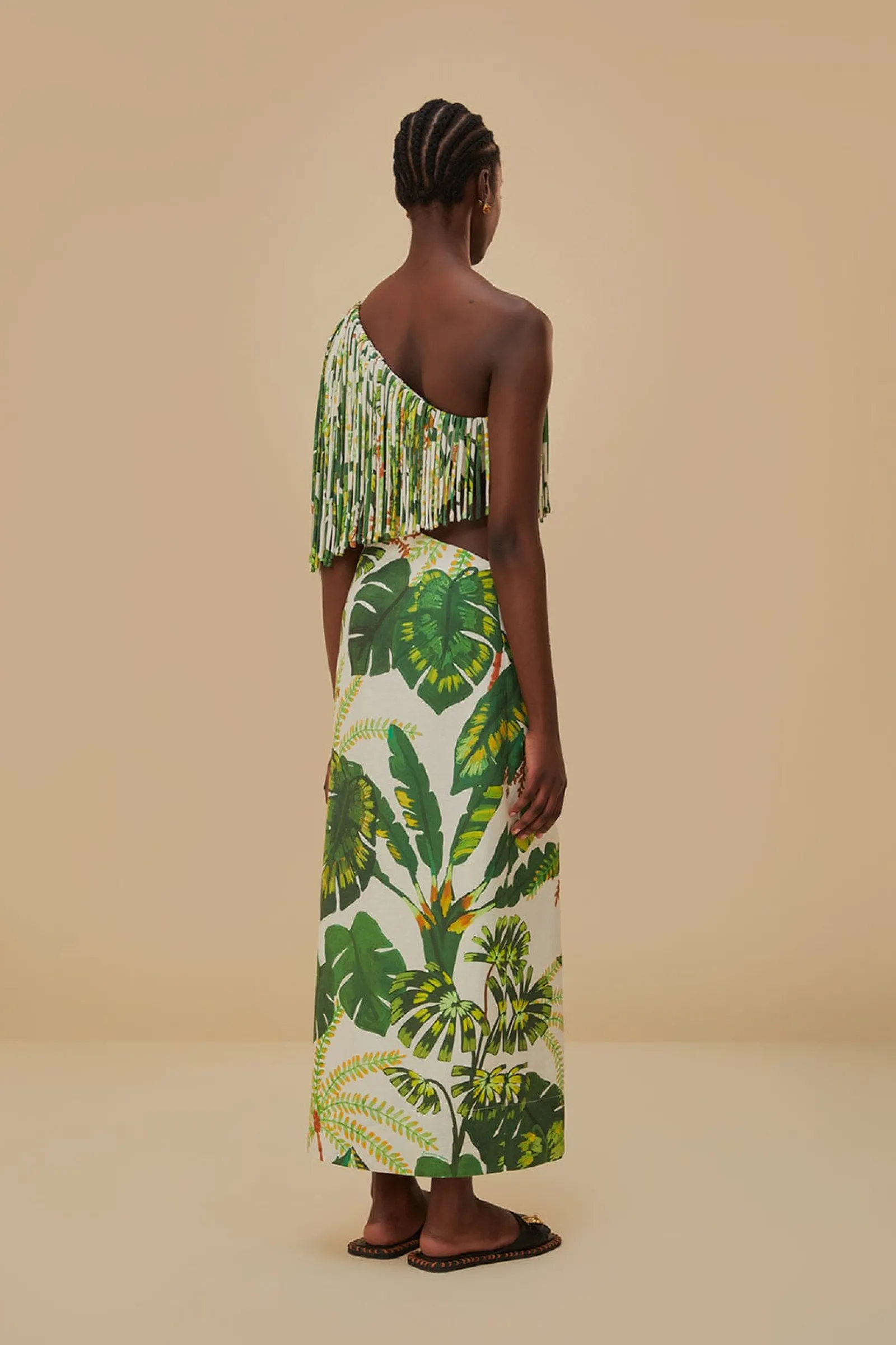 TROPICAL FOREST OFF-WHITE FRINGED MIDI DRESS