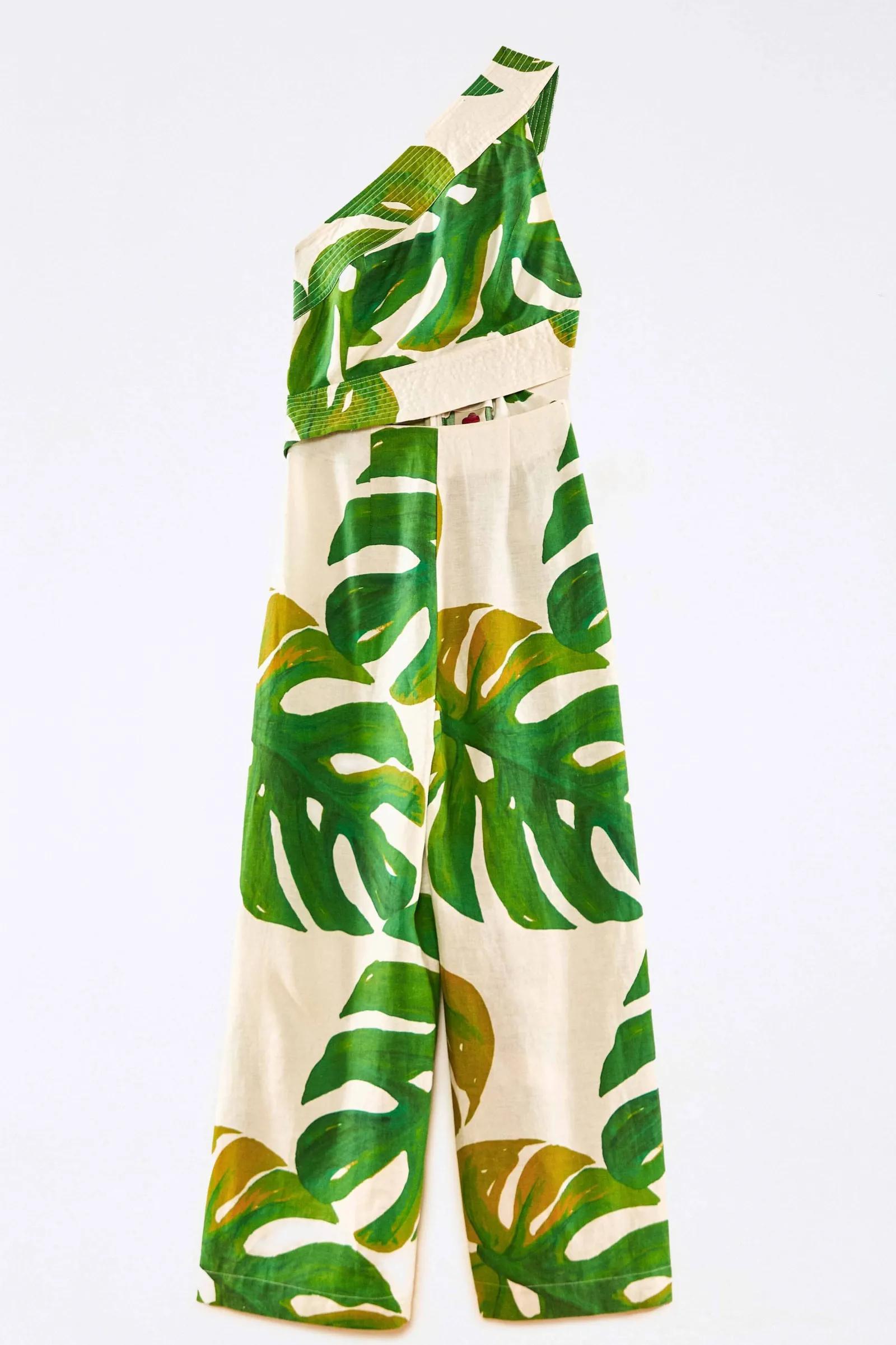 WHITE MONSTERA ONE SHOULDER JUMPSUIT