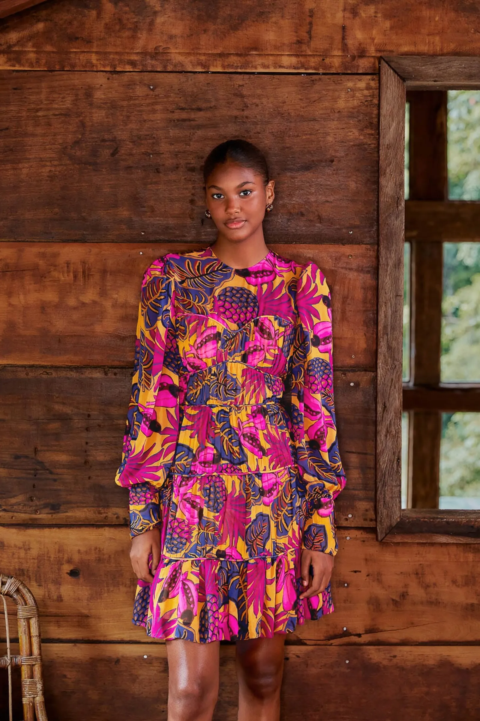  YELLOW FRUIT DREAM LONG SLEEVE MINI DRESS