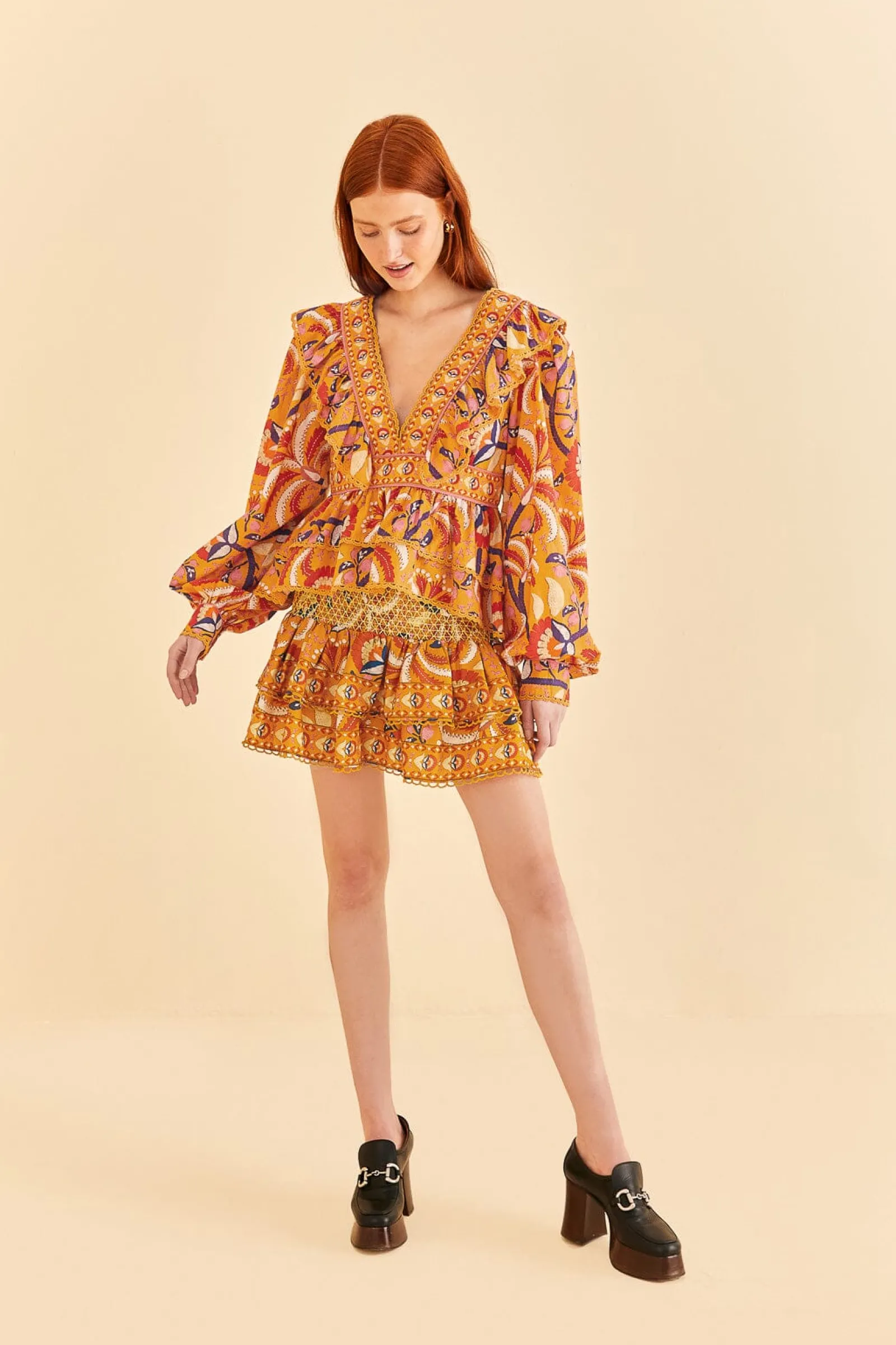 YELLOW PALMS PARTY RUFFLE BLOUSE