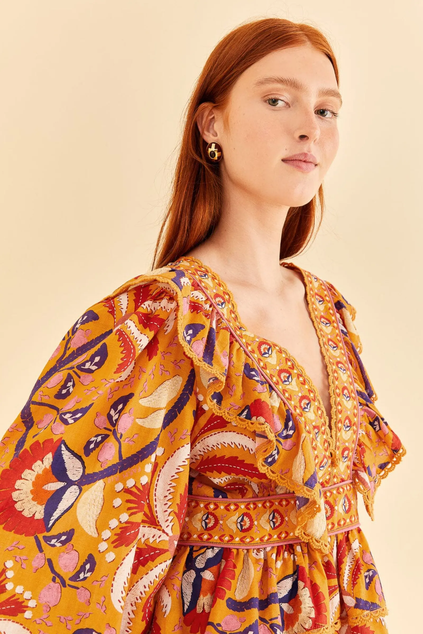 YELLOW PALMS PARTY RUFFLE BLOUSE