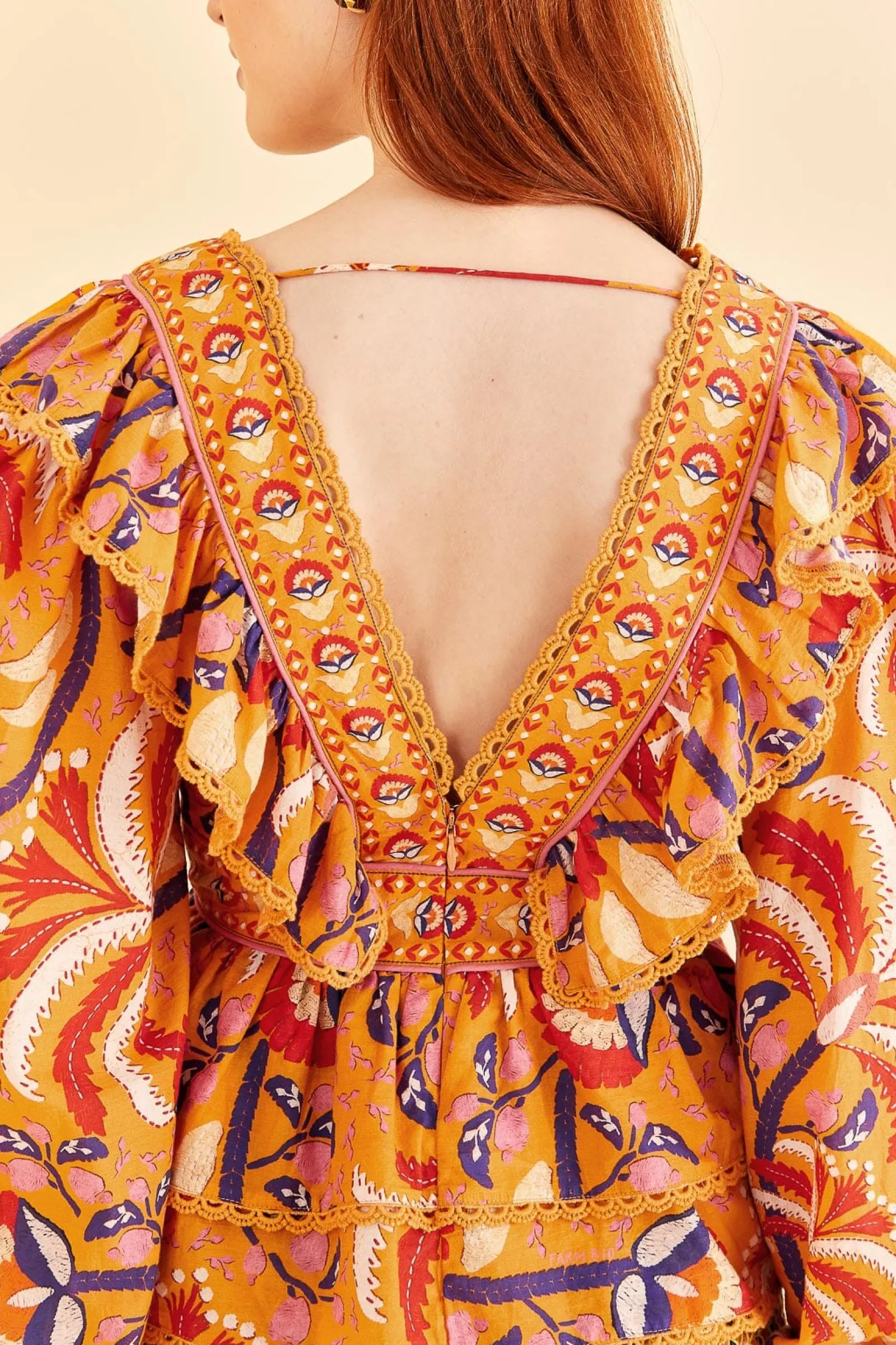 YELLOW PALMS PARTY RUFFLE BLOUSE